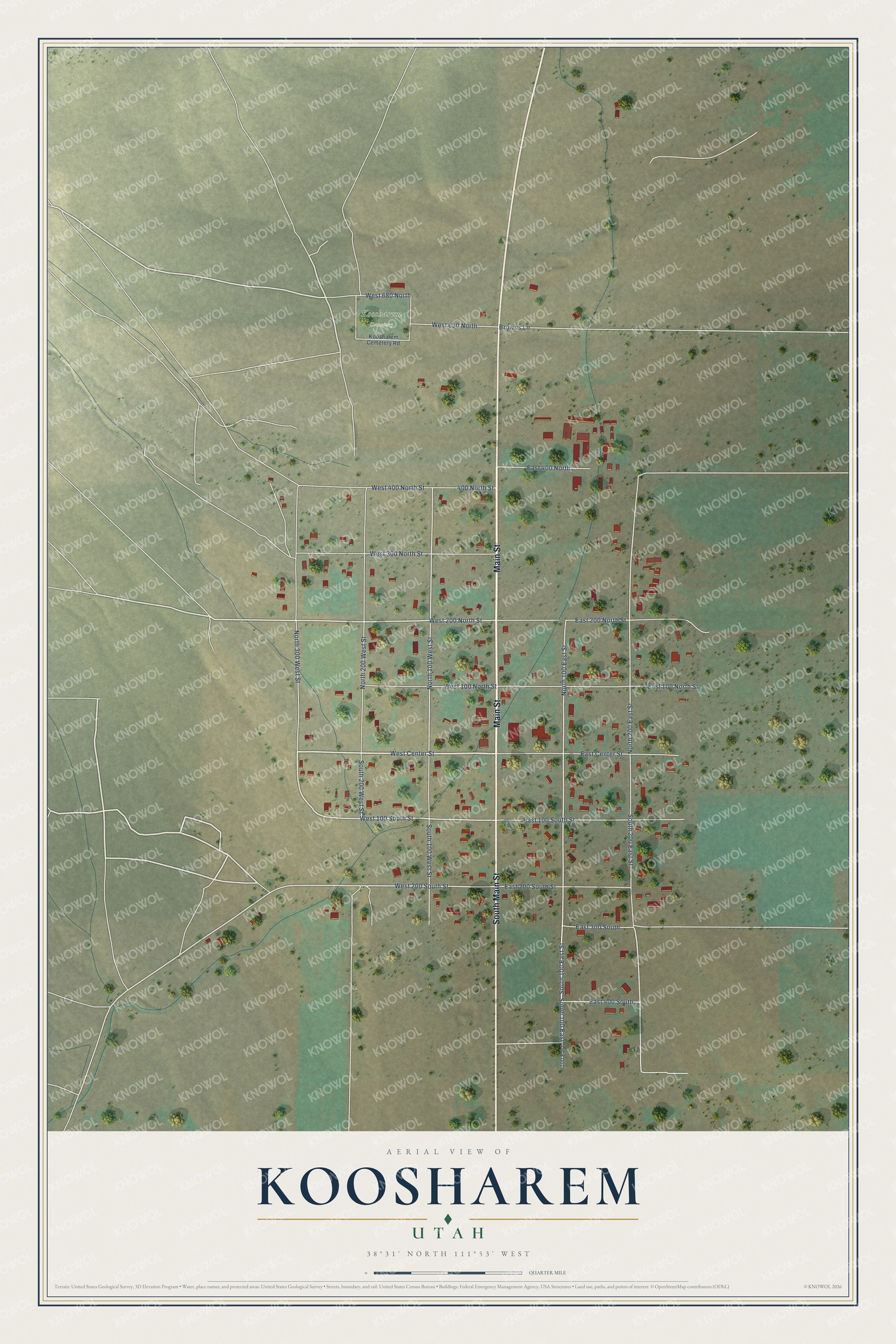 Full map of Koosharem, Utah, with red buildings, printed street names and the land around them