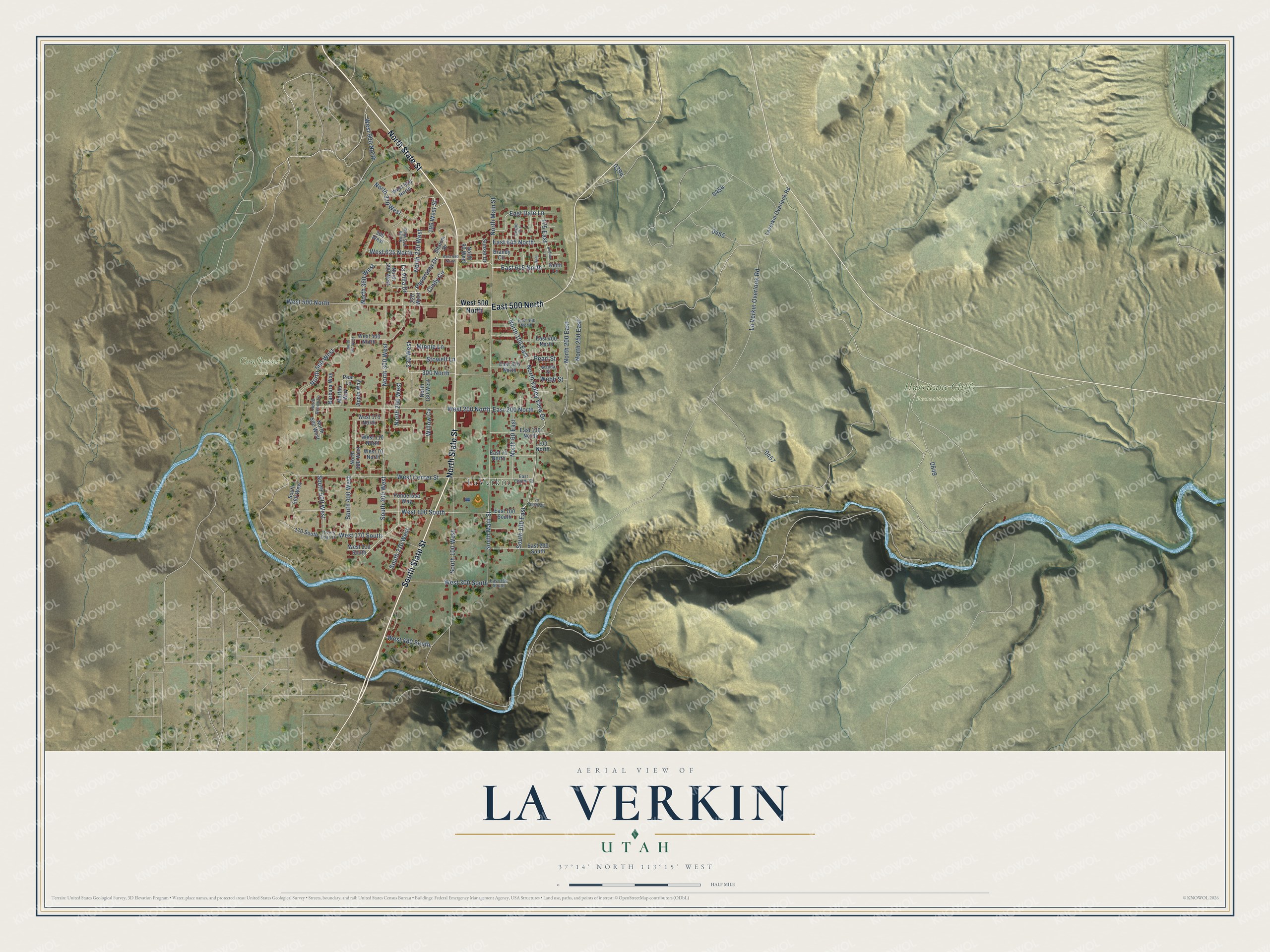 Full map of La Verkin, Utah, with red buildings, printed street names and the land around them