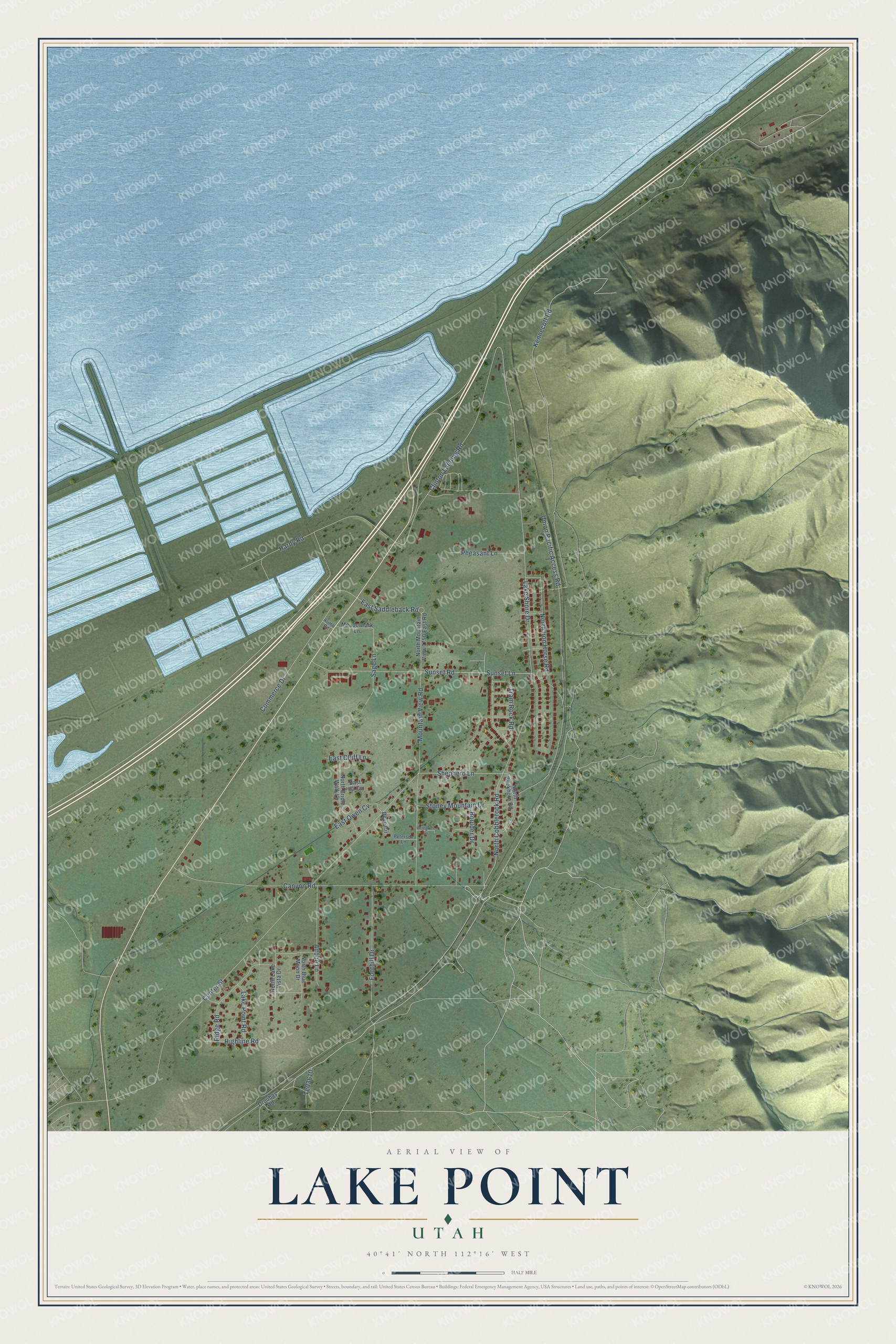 Full map of Lake Point, Utah, with red buildings, printed street names and the land around them