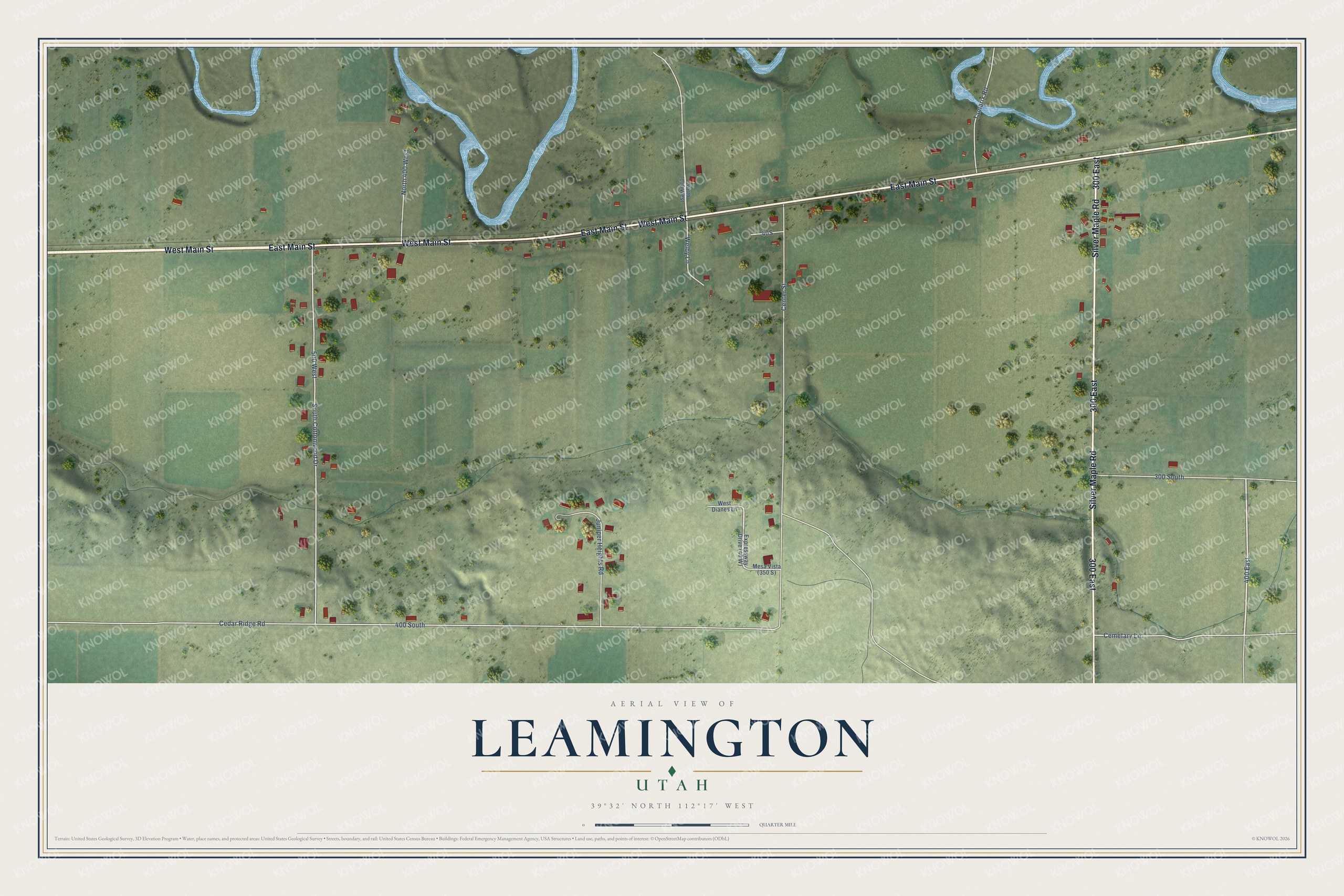 Full map of Leamington, Utah, with red buildings, printed street names and the land around them