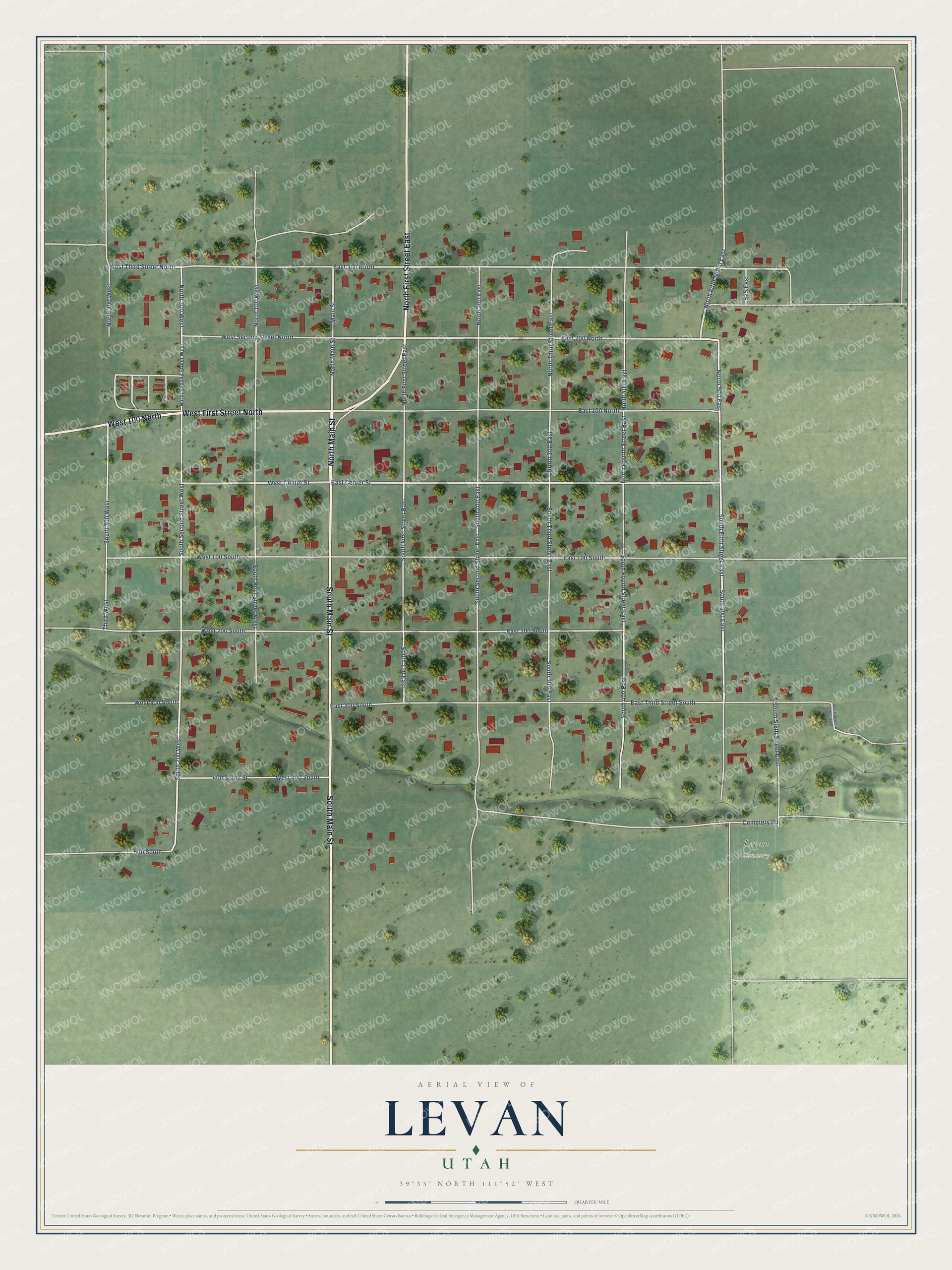 Full map of Levan, Utah, with red buildings, printed street names and the land around them