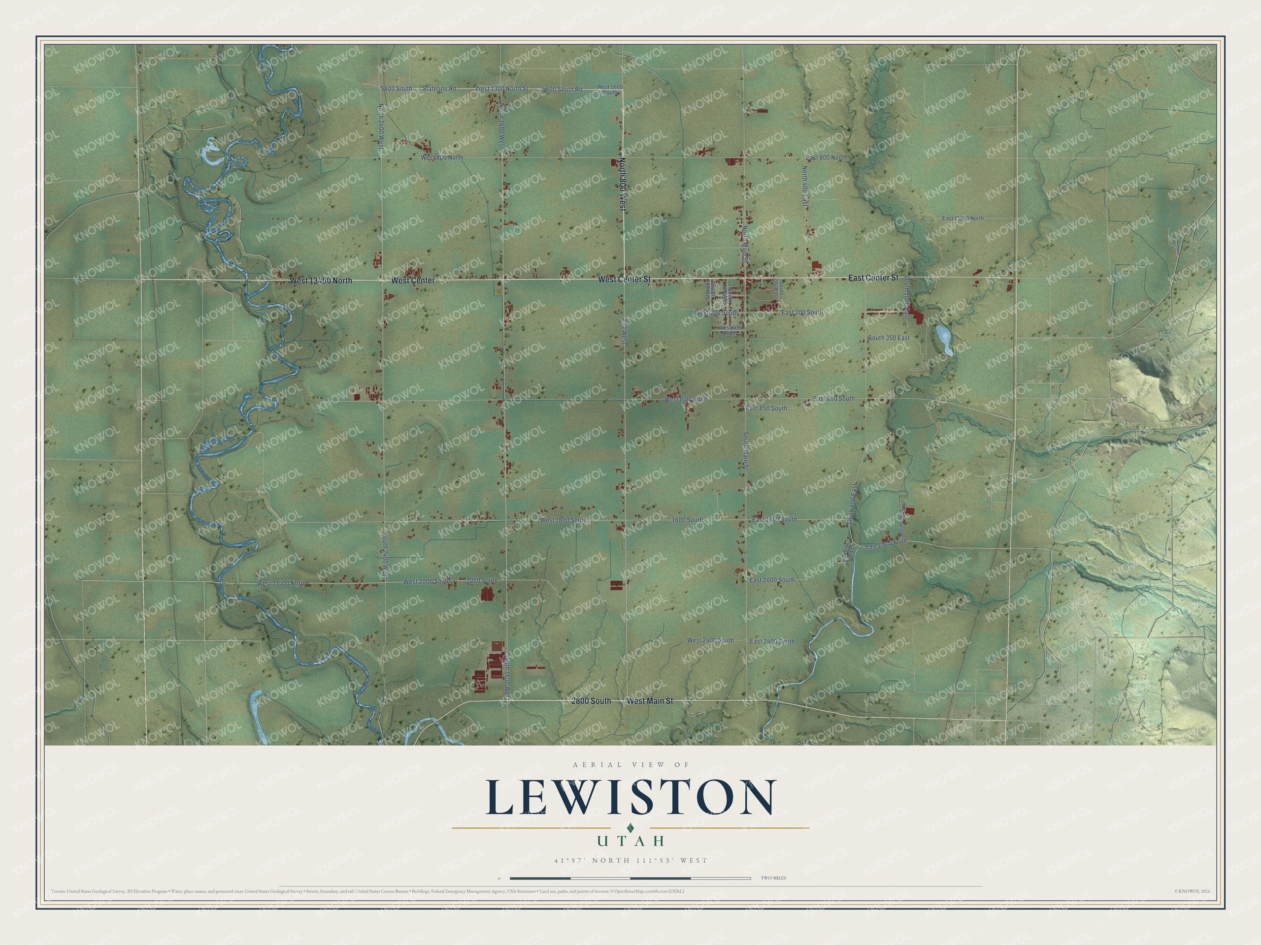 Full map of Lewiston, Utah, with red buildings, printed street names and the land around them