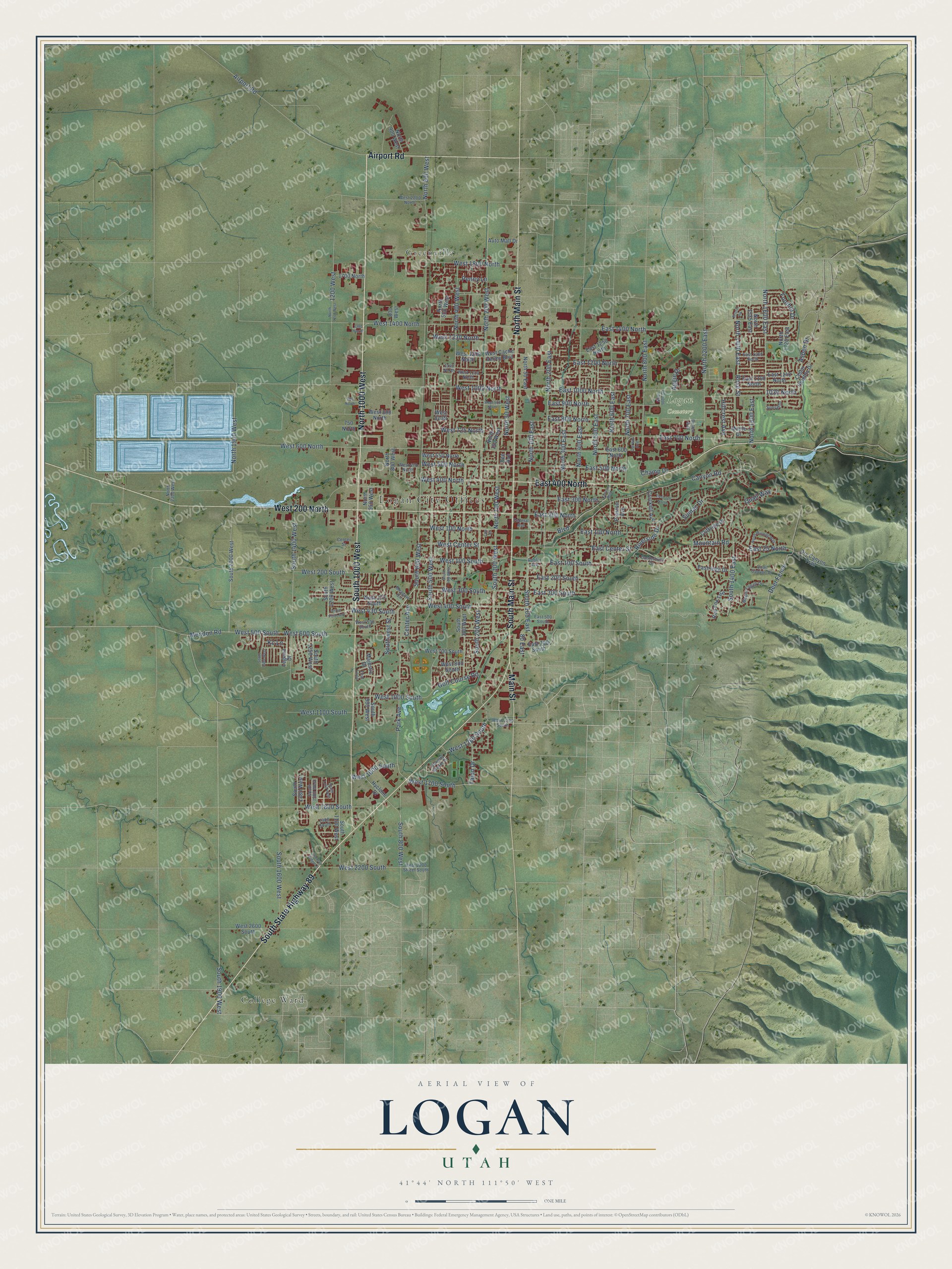 Full map of Logan, Utah, with red buildings, printed street names and the land around them