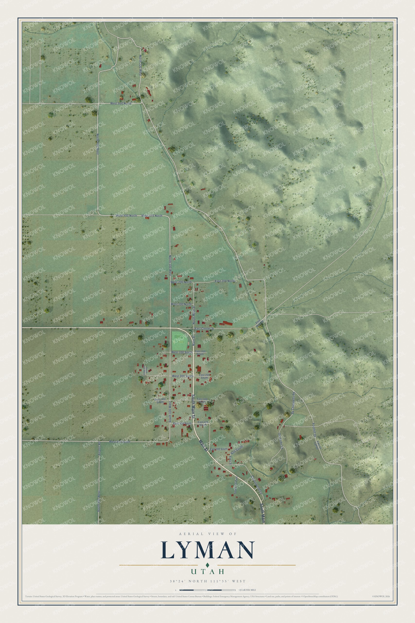 Full map of Lyman, Utah, with red buildings, printed street names and the land around them