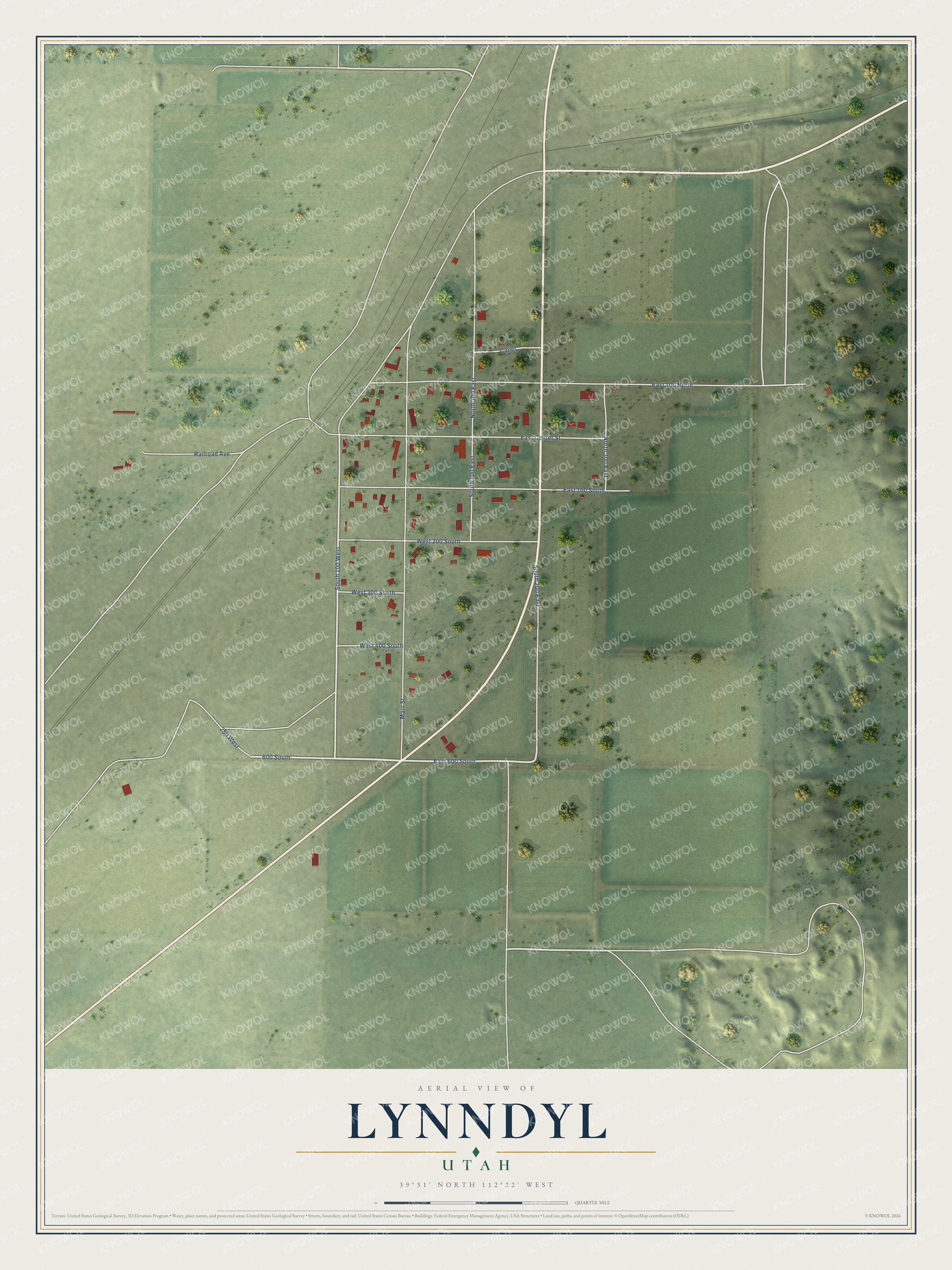 Full map of Lynndyl, Utah, with red buildings, printed street names and the land around them