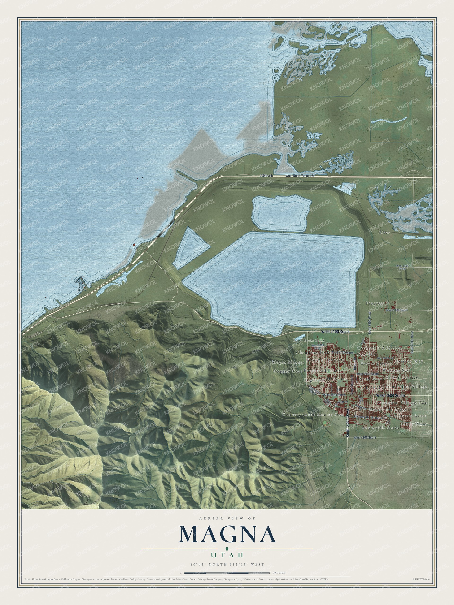 Full map of Magna, Utah, with red buildings, printed street names and the land around them