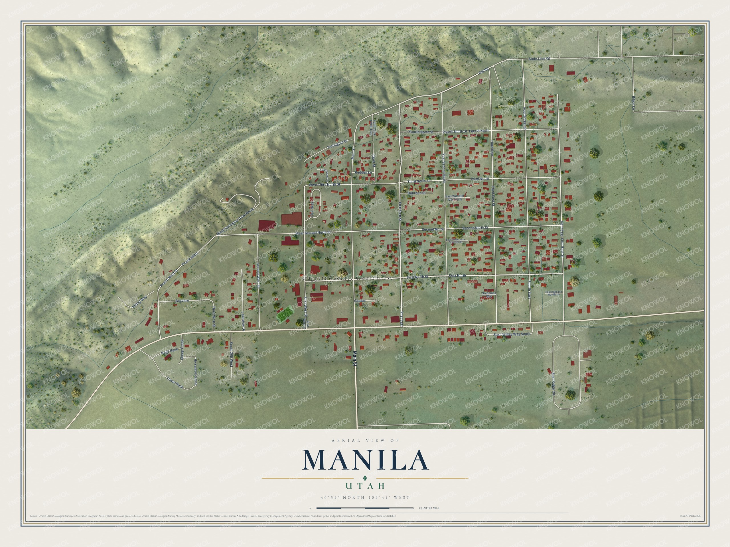 Full map of Manila, Utah, with red buildings, printed street names and the land around them