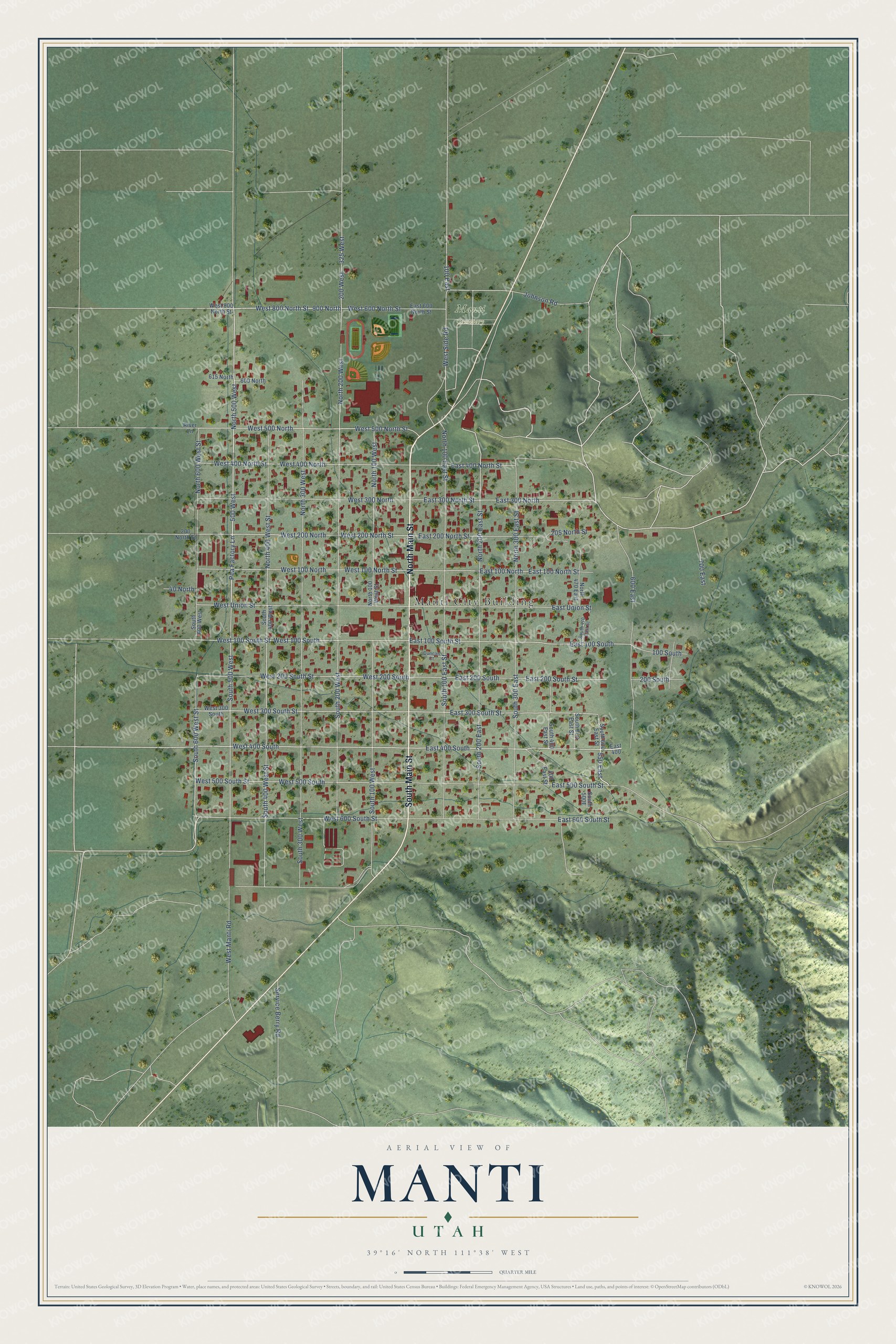 Full map of Manti, Utah, with red buildings, printed street names and the land around them
