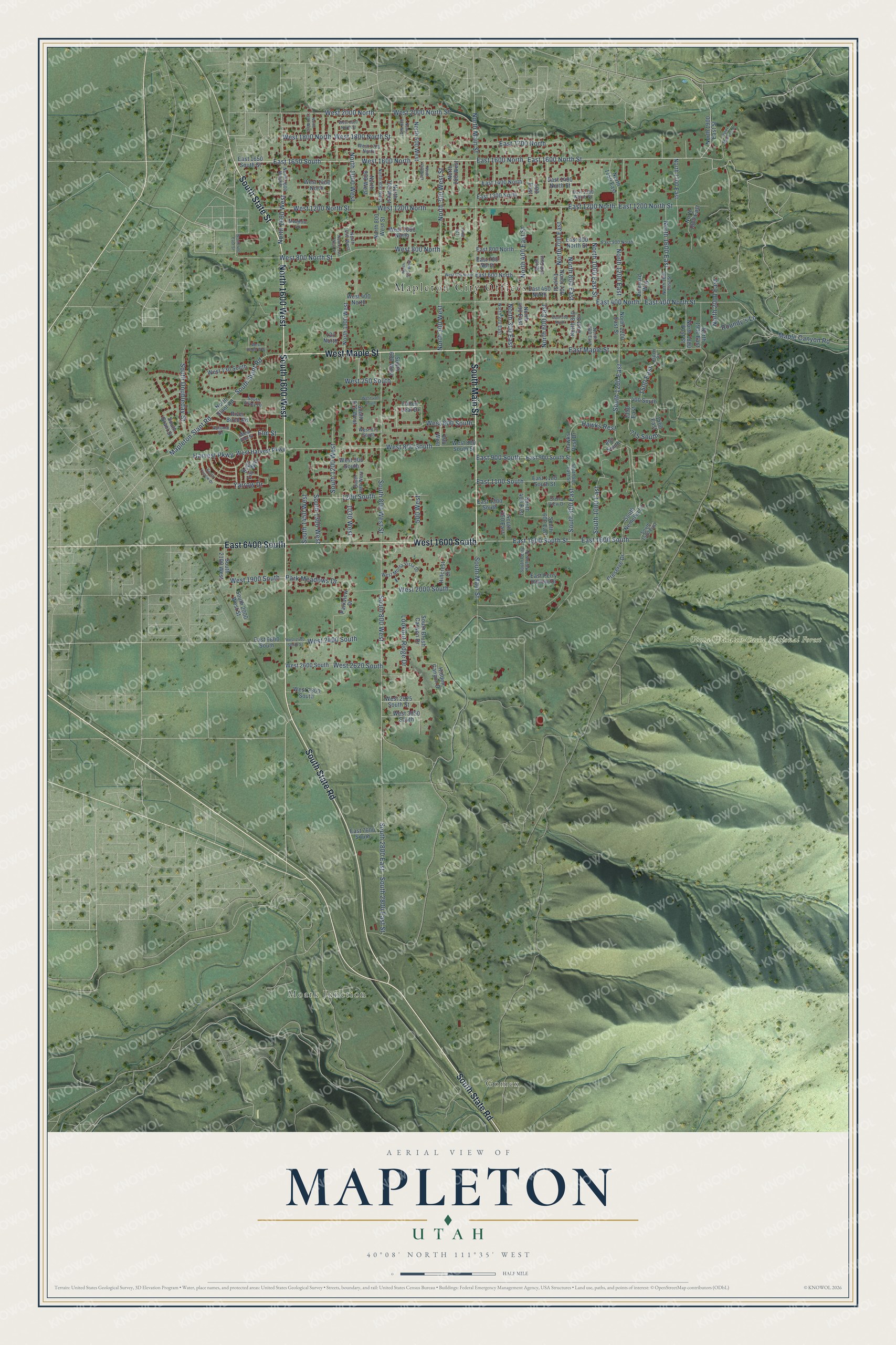 Full map of Mapleton, Utah, with red buildings, printed street names and the land around them