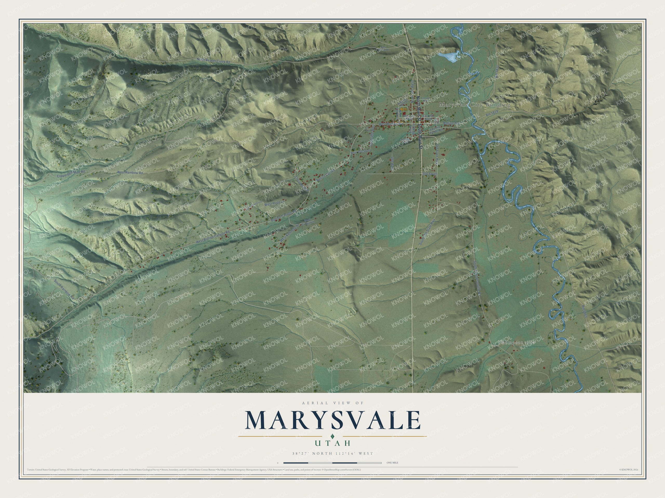 Full map of Marysvale, Utah, with red buildings, printed street names and the land around them