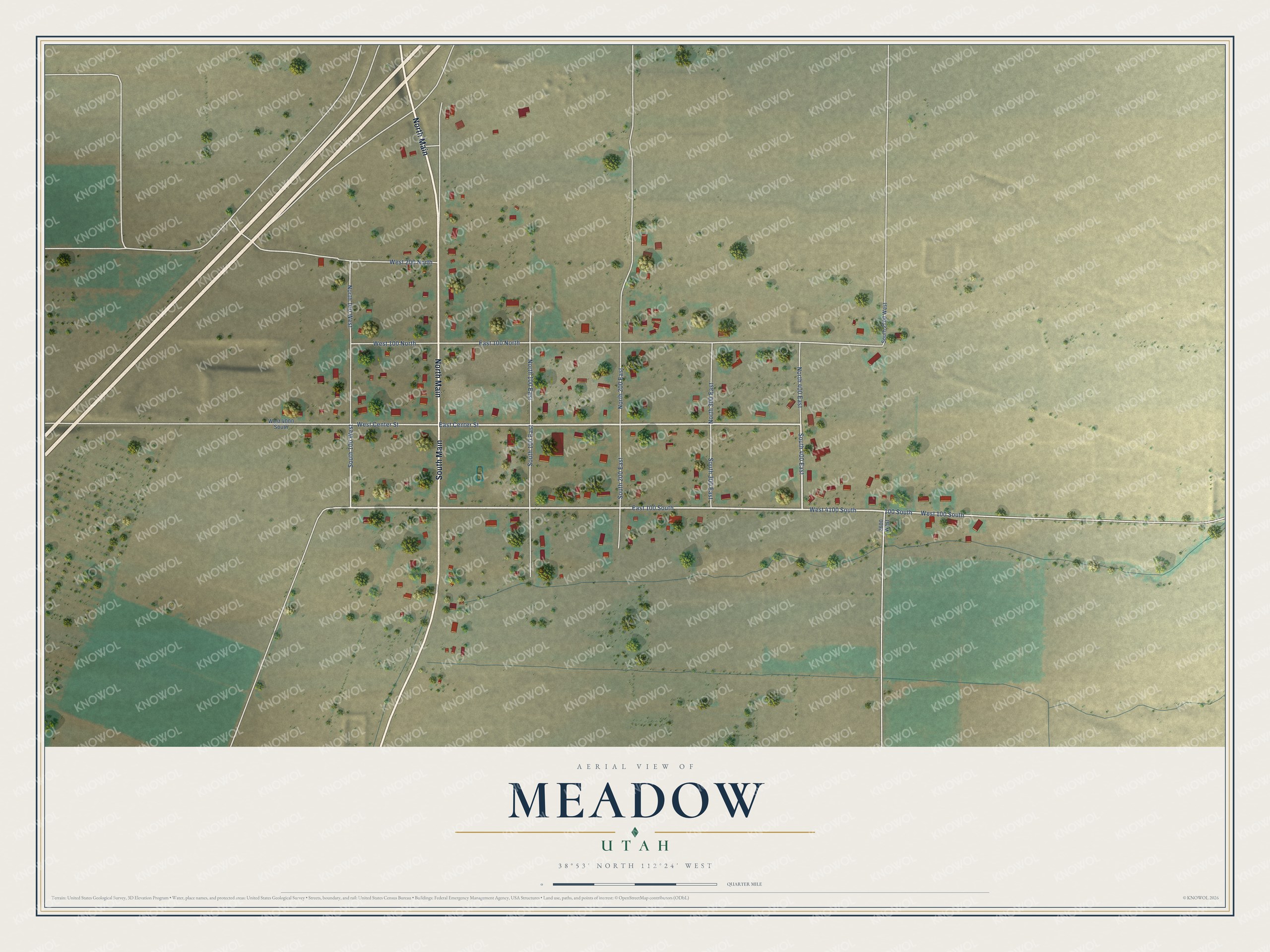 Full map of Meadow, Utah, with red buildings, printed street names and the land around them