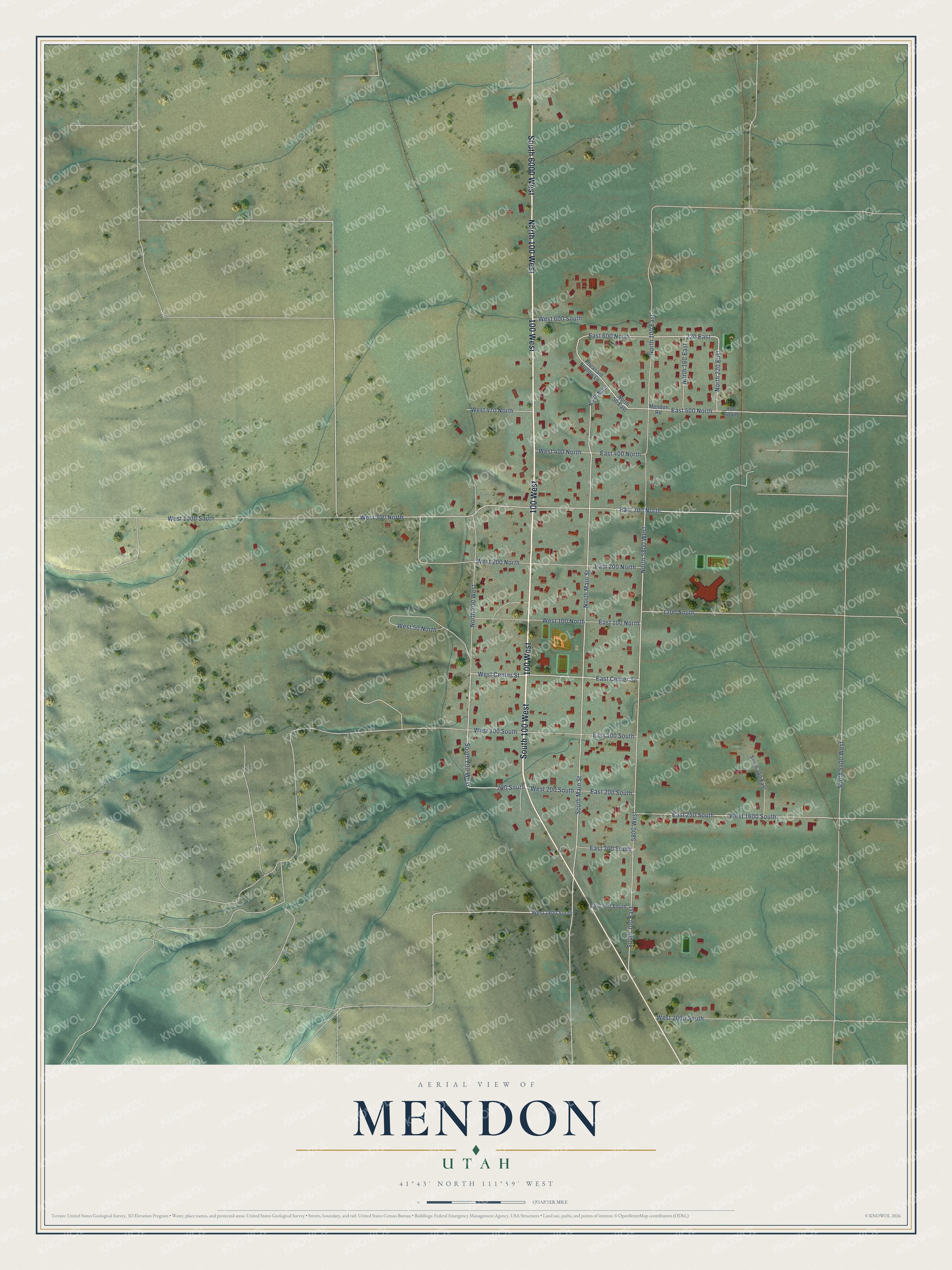 Full map of Mendon, Utah, with red buildings, printed street names and the land around them