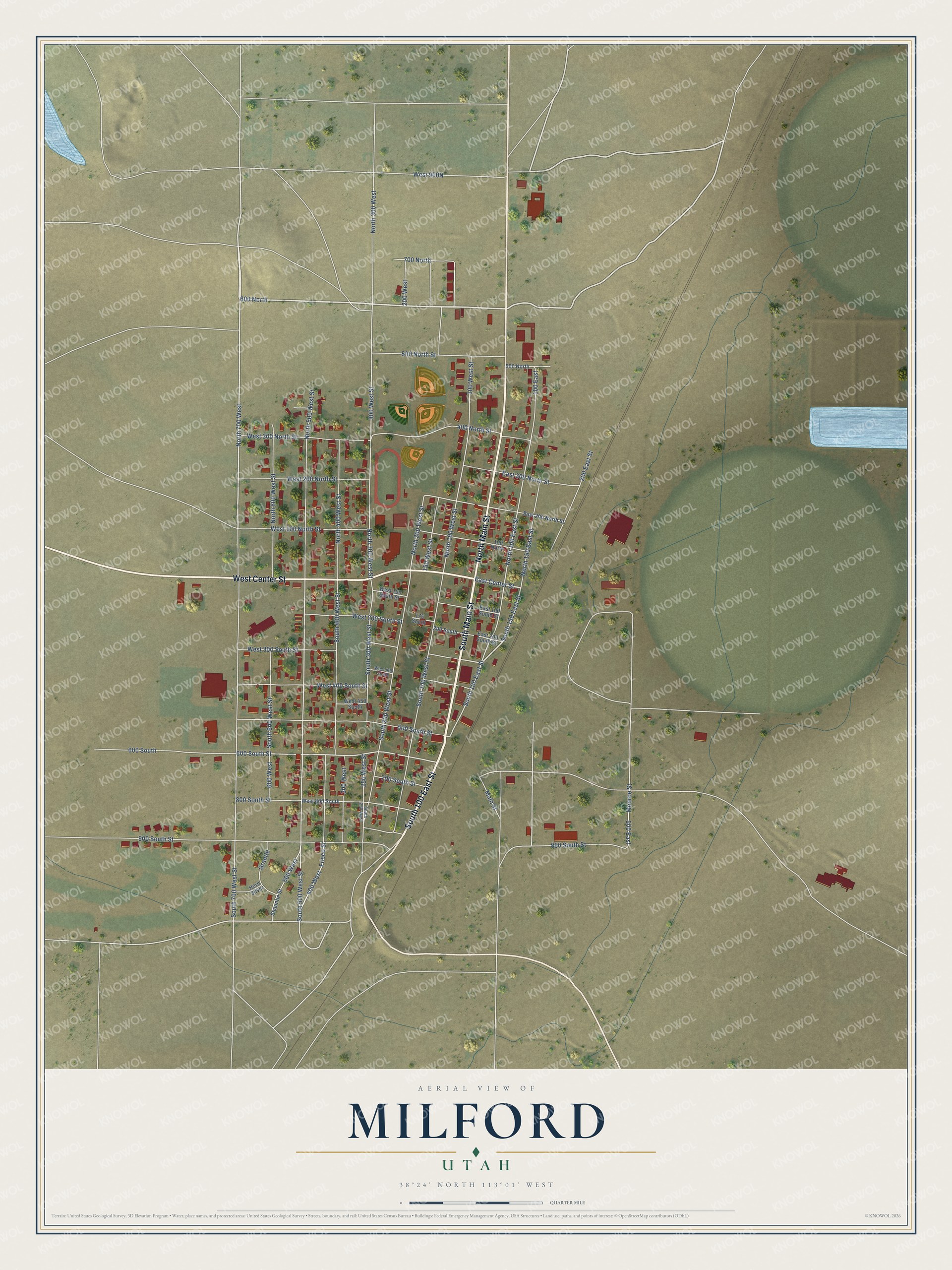 Full map of Milford, Utah, with red buildings, printed street names and the land around them