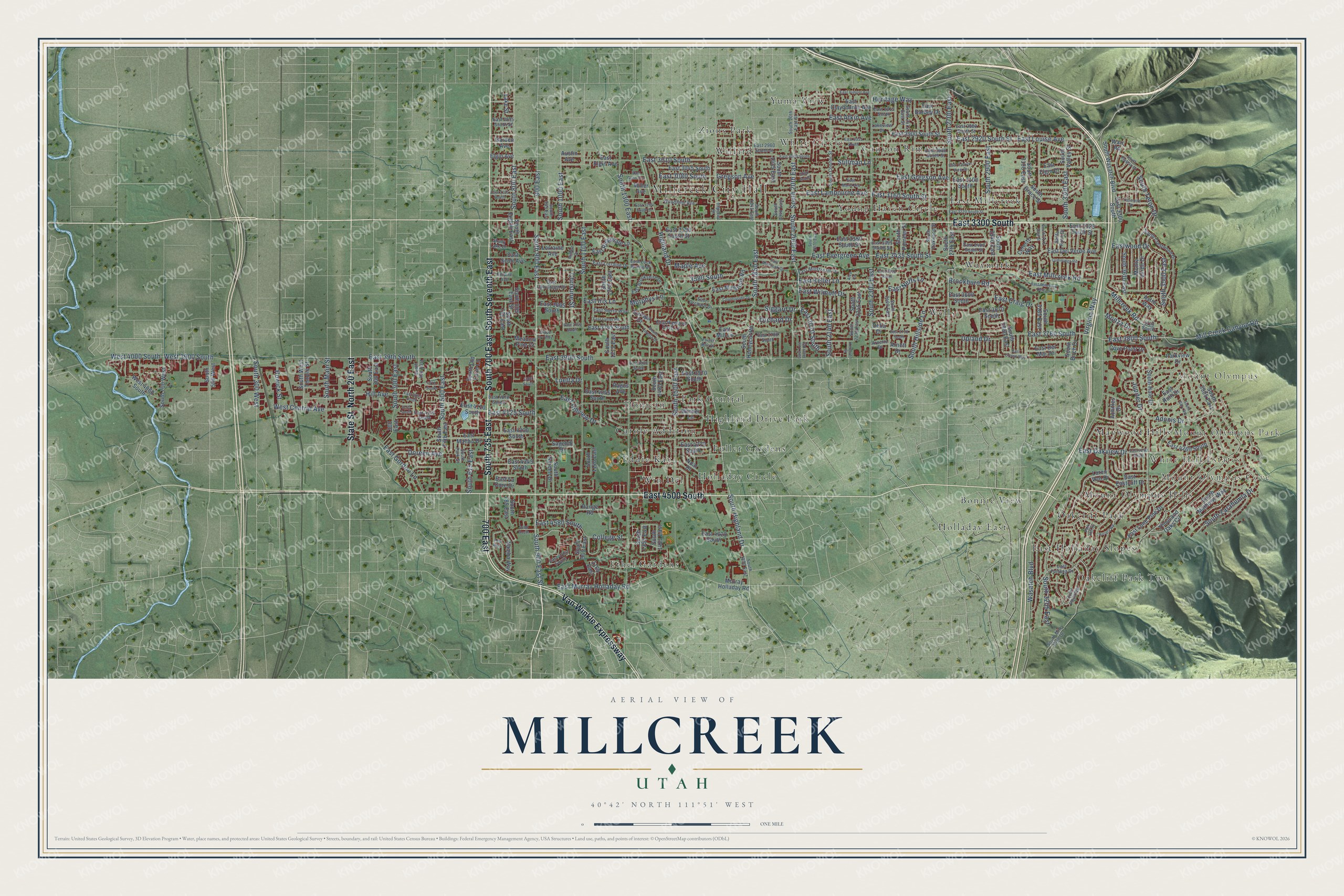 Full map of Millcreek, Utah, with red buildings, printed street names and the land around them