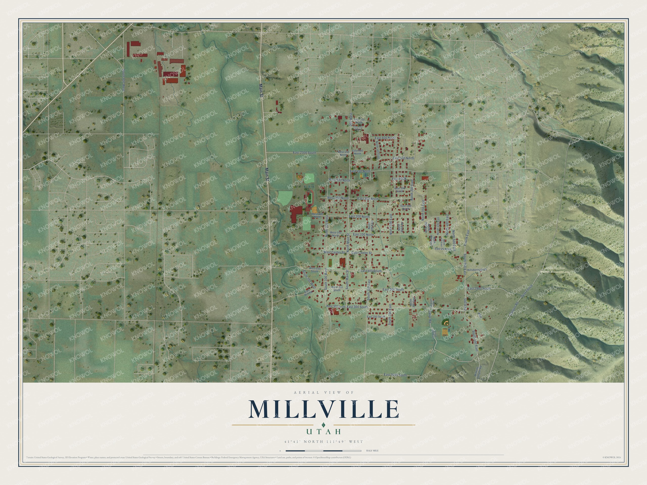 Full map of Millville, Utah, with red buildings, printed street names and the land around them