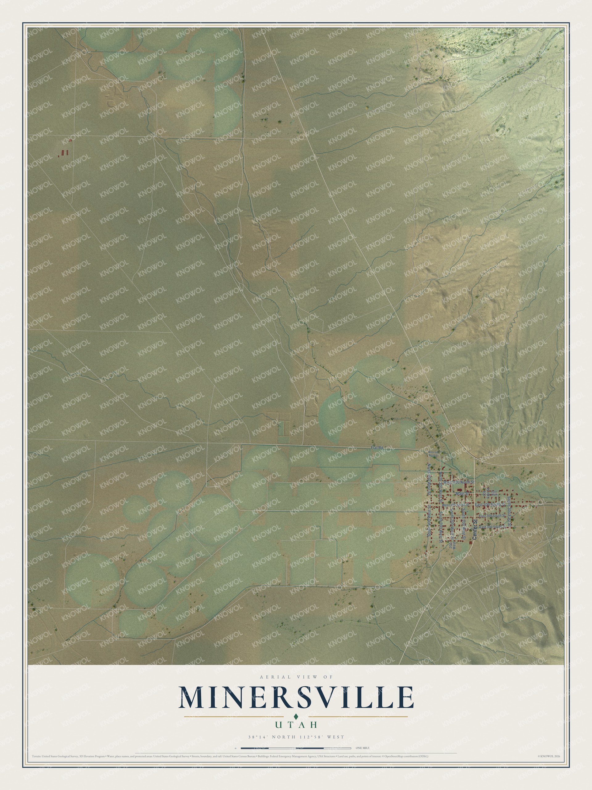 Full map of Minersville, Utah, with red buildings, printed street names and the land around them