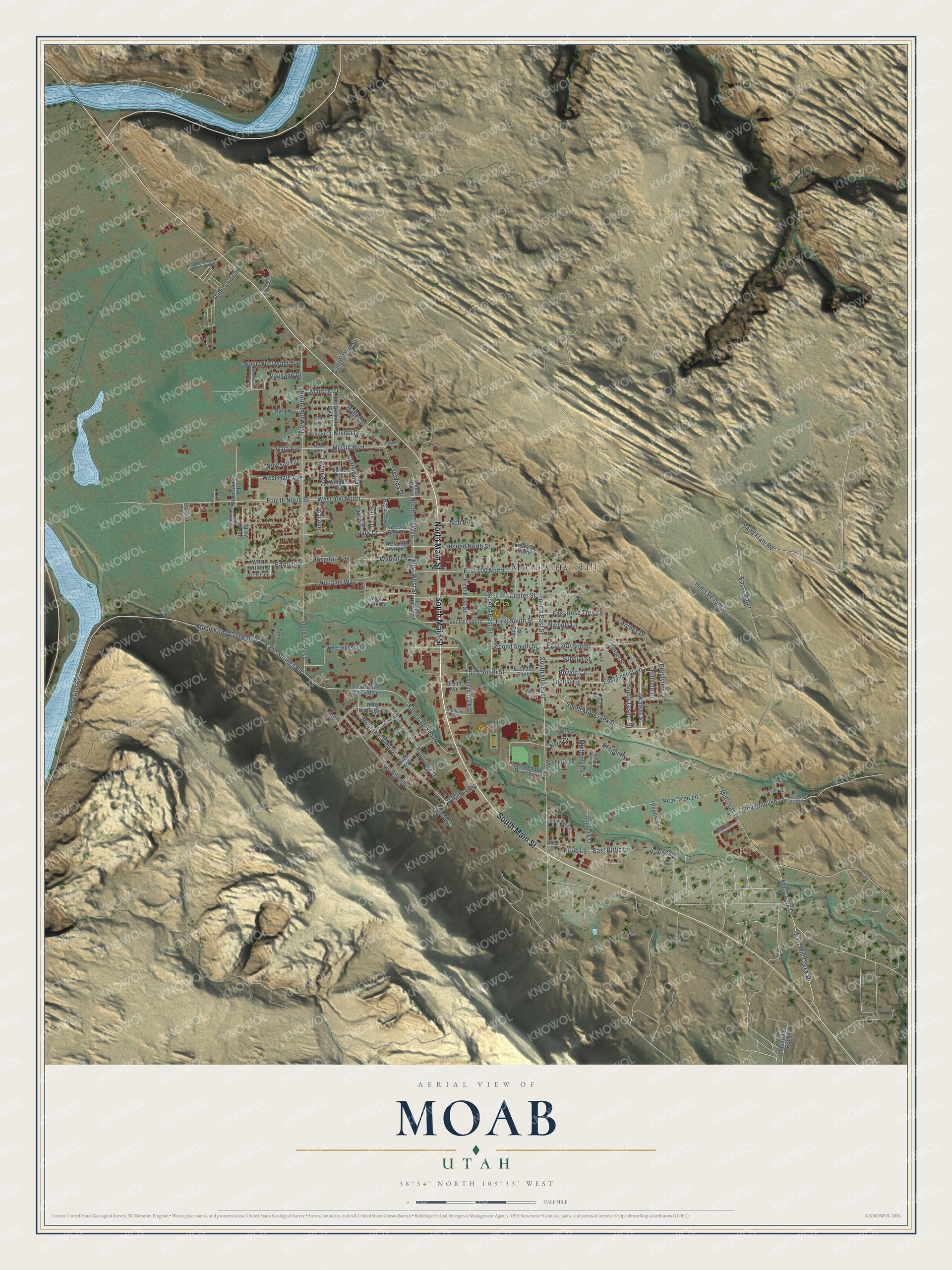 Full map of Moab, Utah, with red buildings, printed street names and the land around them