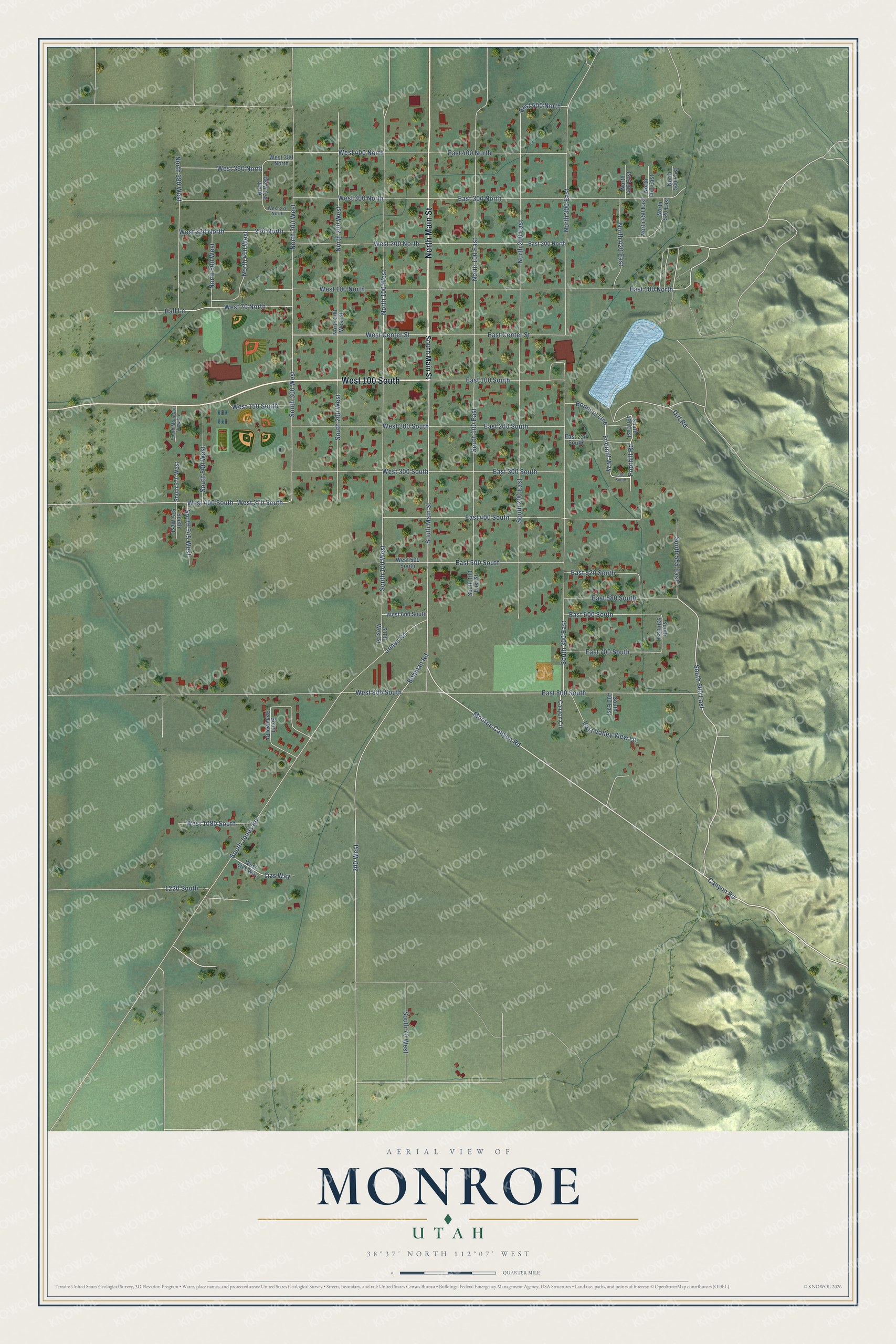 Full map of Monroe, Utah, with red buildings, printed street names and the land around them