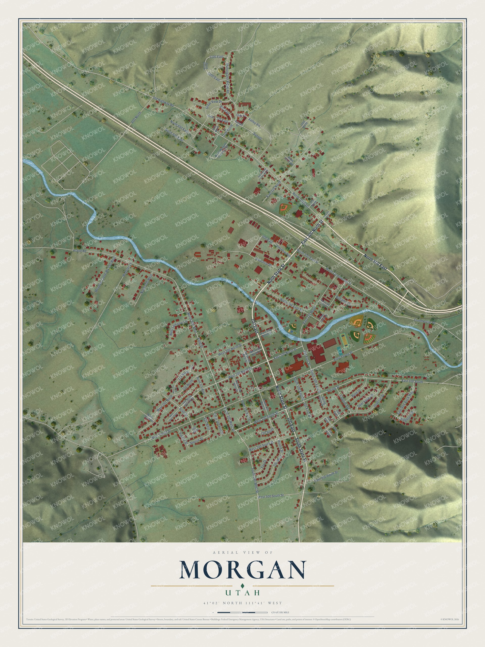 Full map of Morgan, Utah, with red buildings, printed street names and the land around them