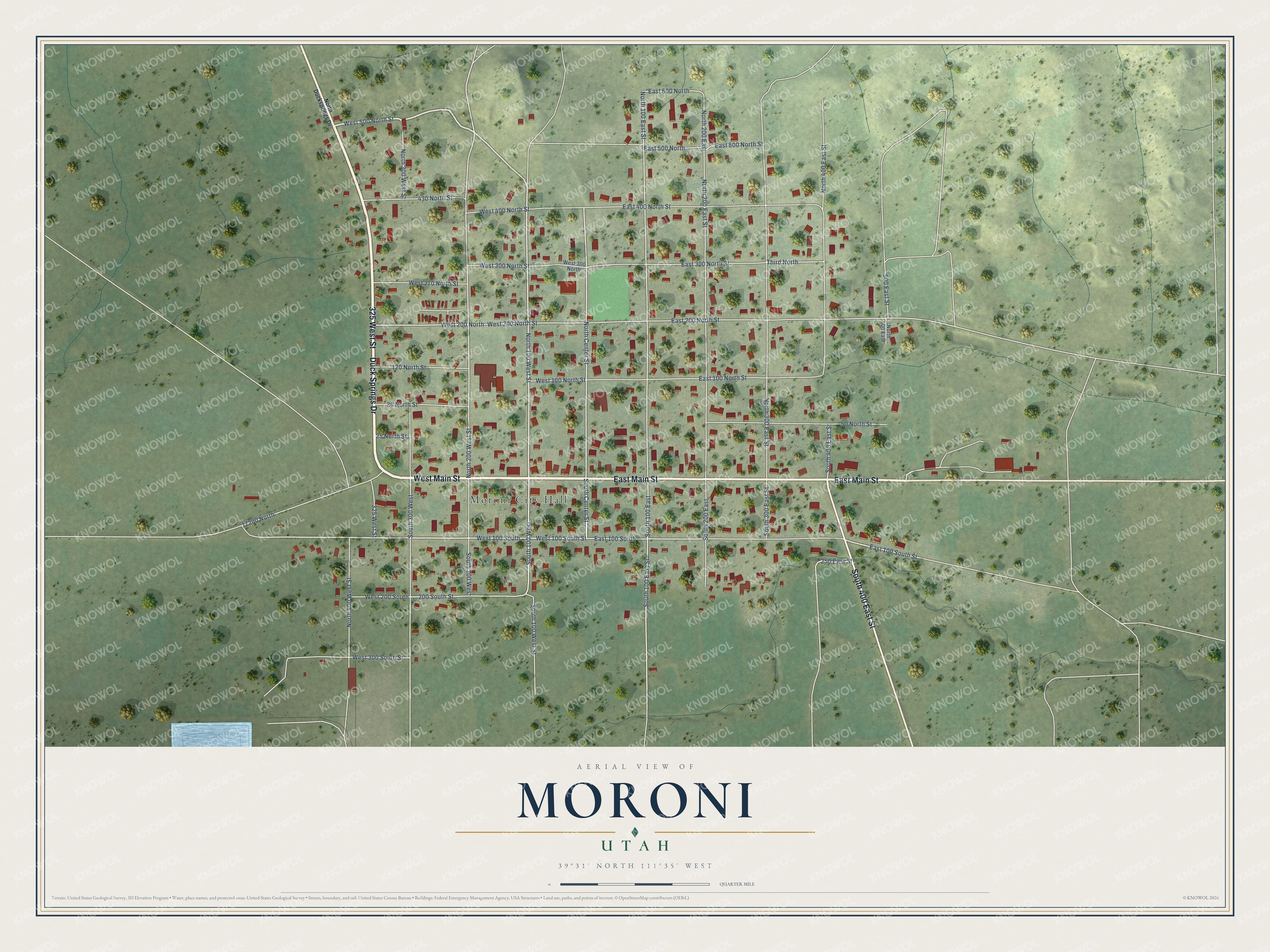 Full map of Moroni, Utah, with red buildings, printed street names and the land around them