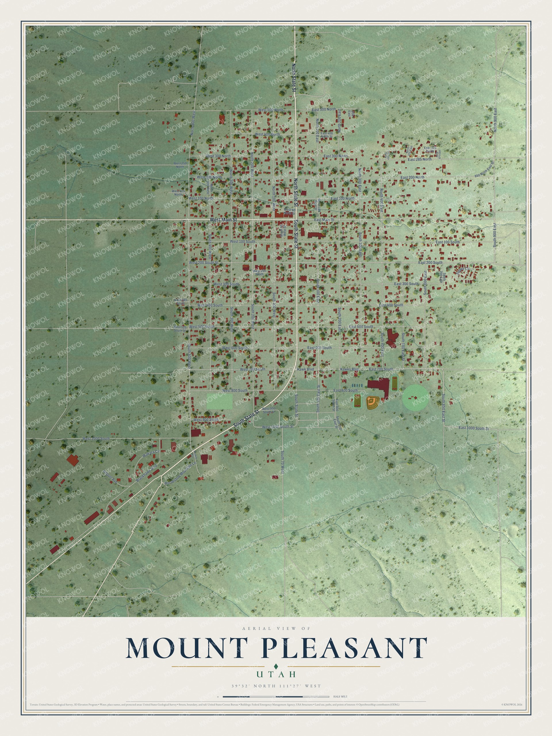 Full map of Mount Pleasant, Utah, with red buildings, printed street names and the land around them