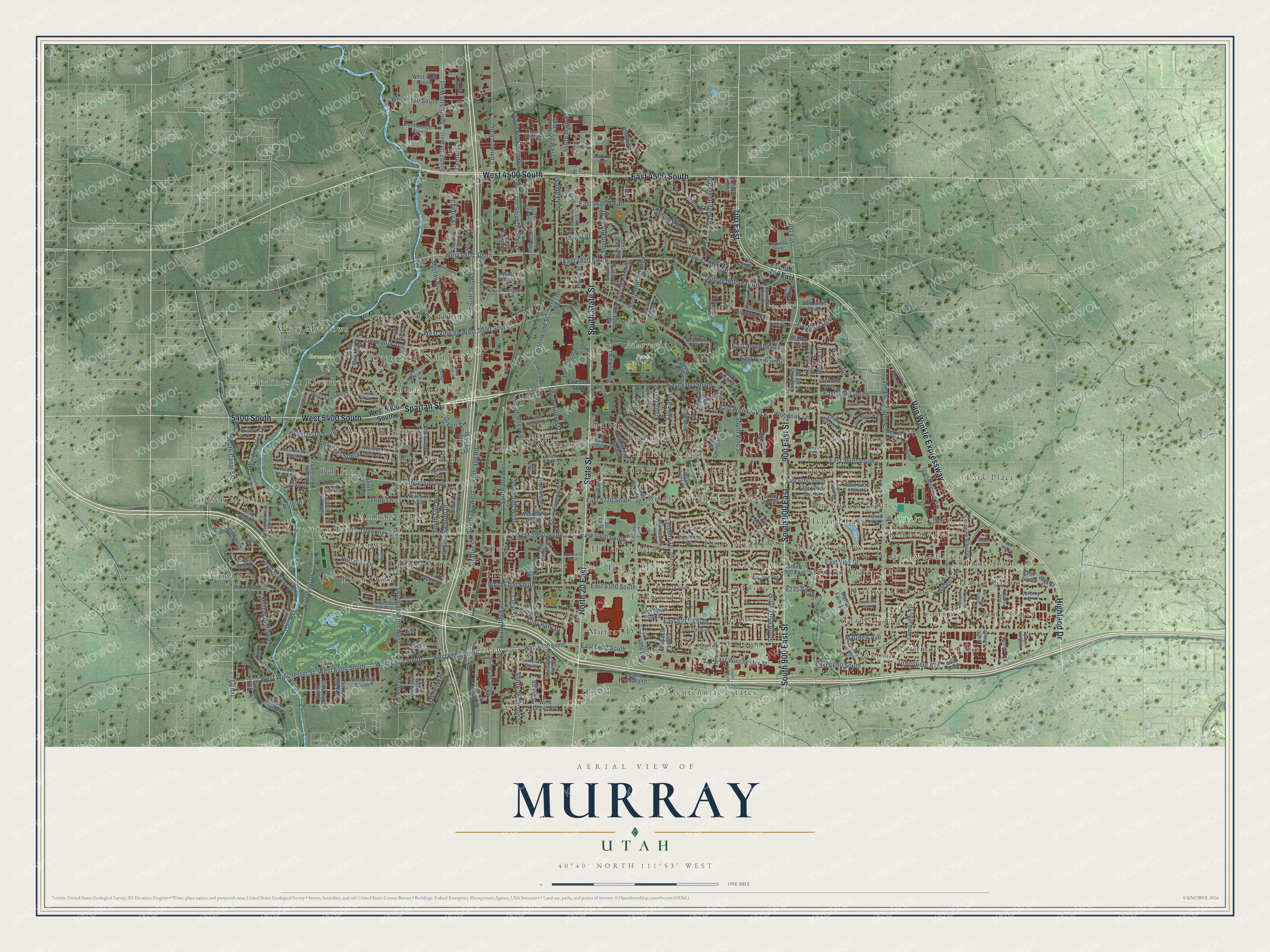 Full map of Murray, Utah, with red buildings, printed street names and the land around them