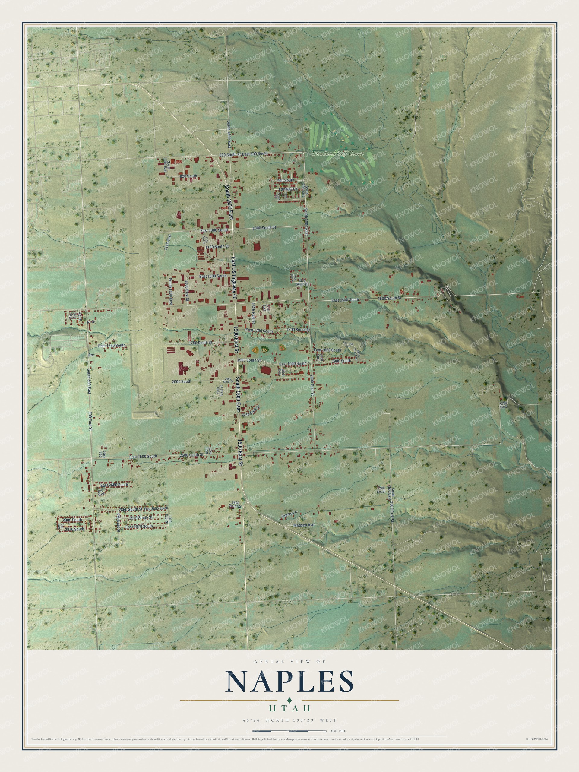Full map of Naples, Utah, with red buildings, printed street names and the land around them