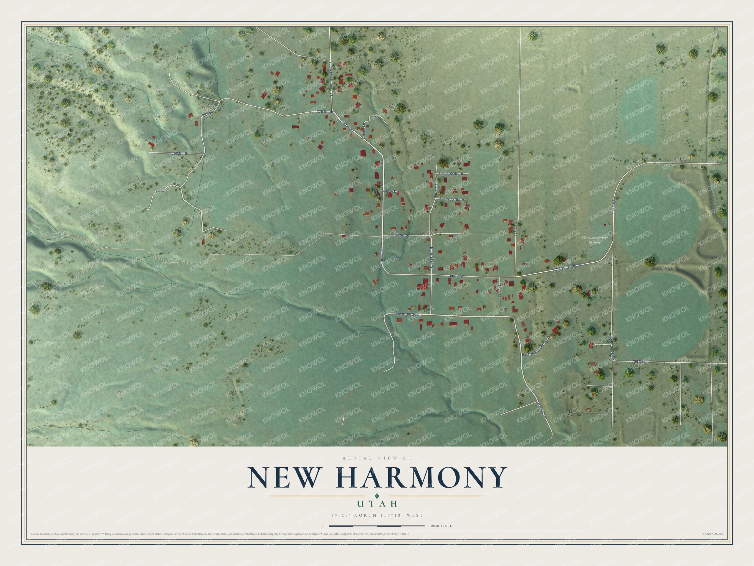 Full map of New Harmony, Utah, with red buildings, printed street names and the land around them