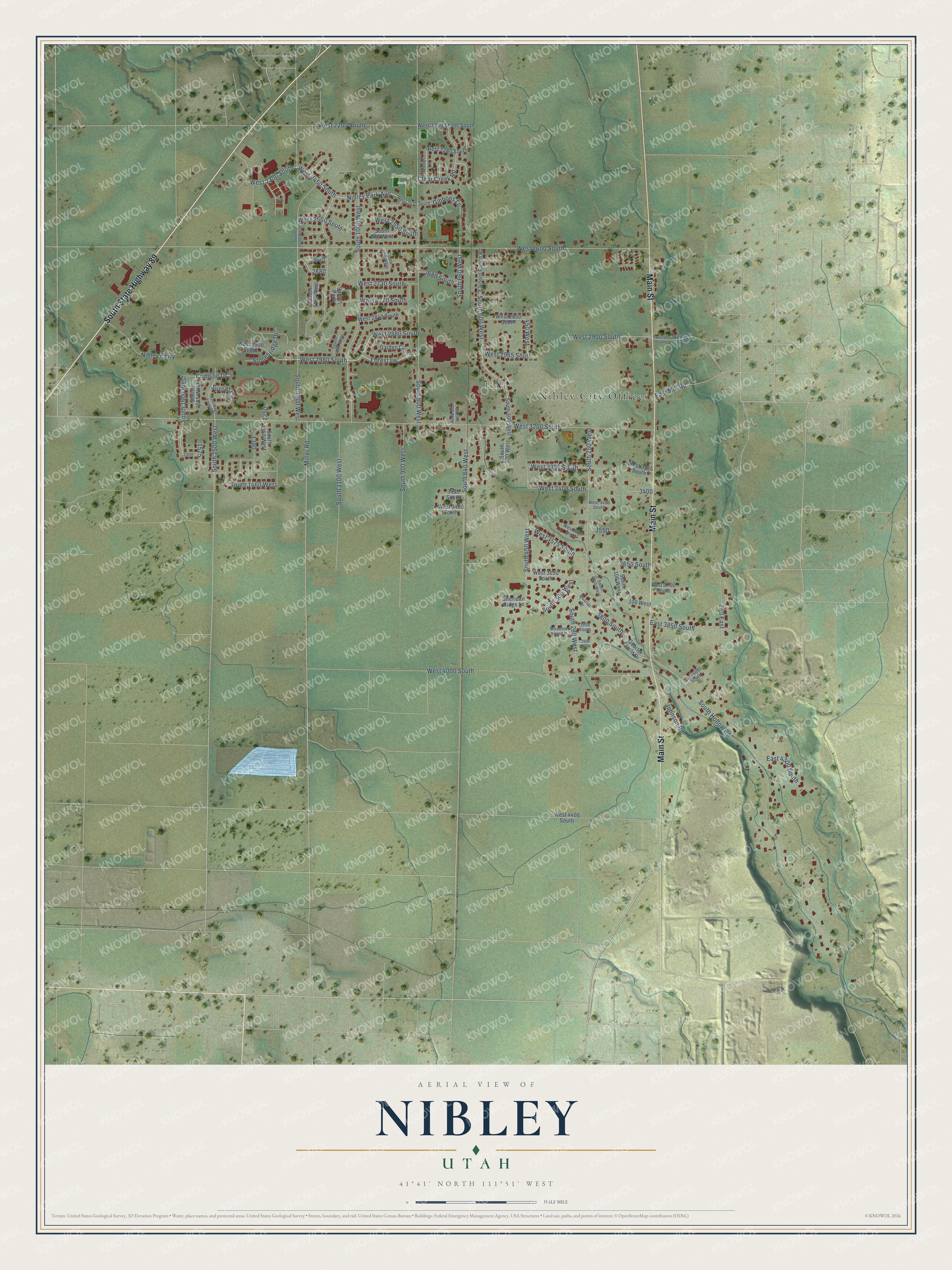 Full map of Nibley, Utah, with red buildings, printed street names and the land around them