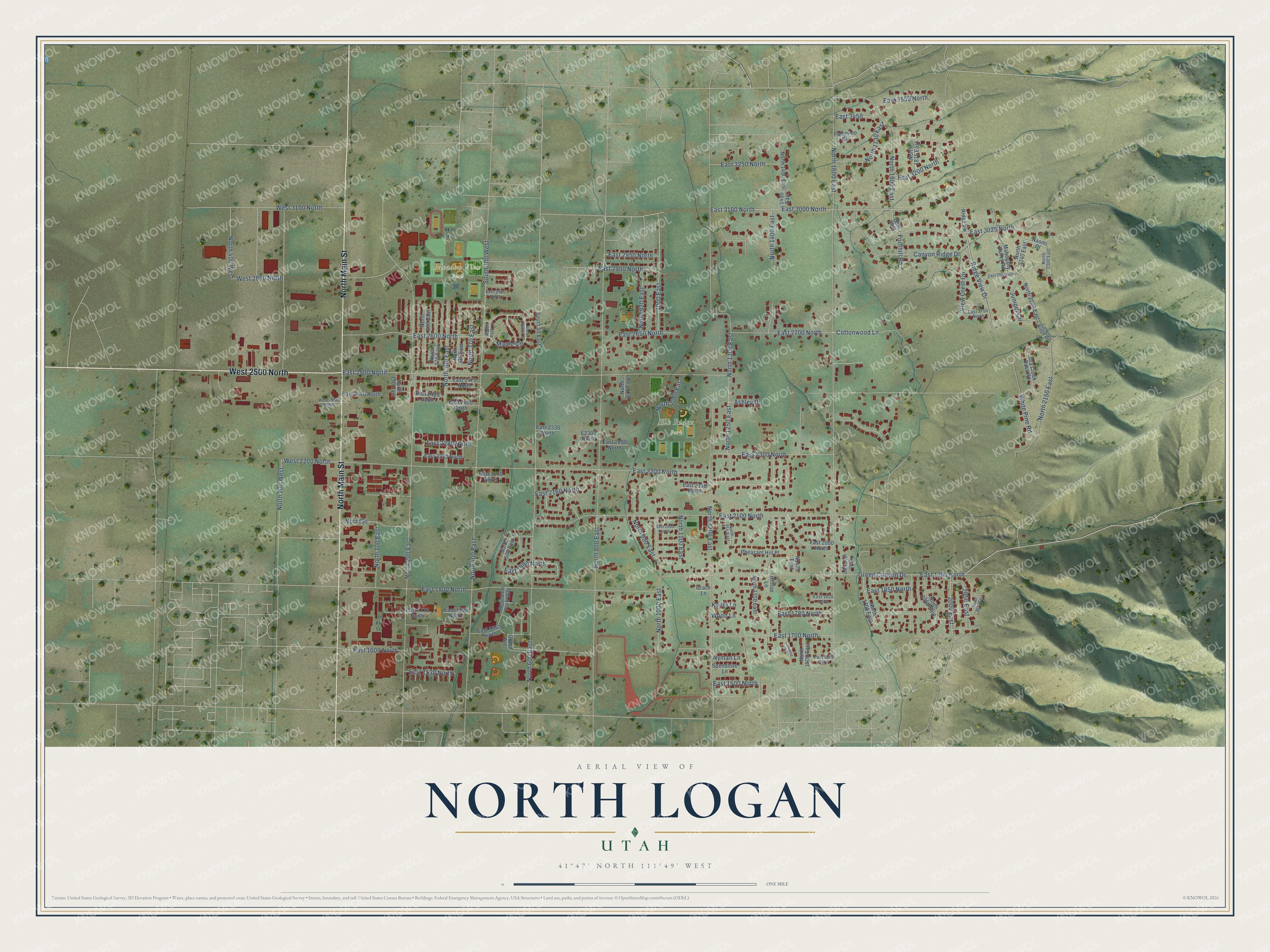 Full map of North Logan, Utah, with red buildings, printed street names and the land around them