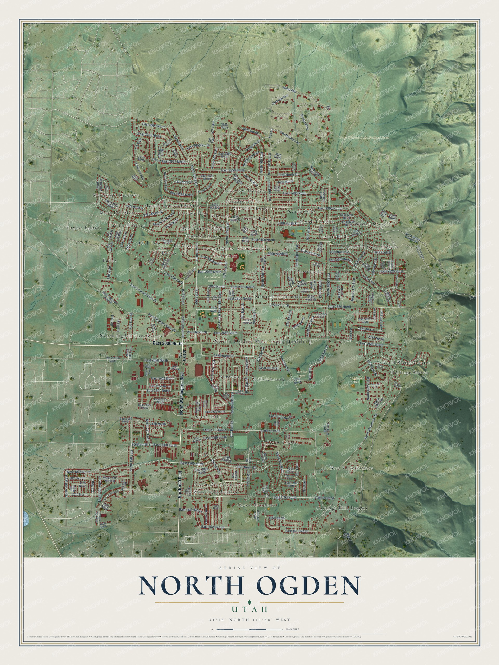 Full map of North Ogden, Utah, with red buildings, printed street names and the land around them
