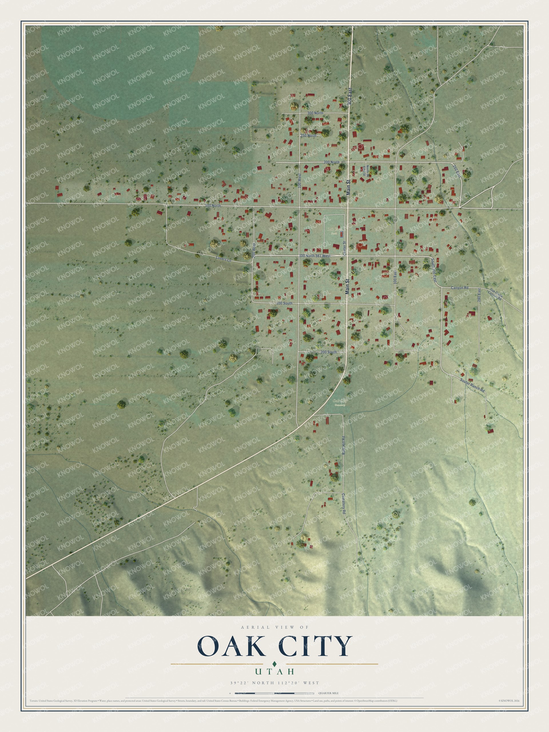 Full map of Oak City, Utah, with red buildings, printed street names and the land around them