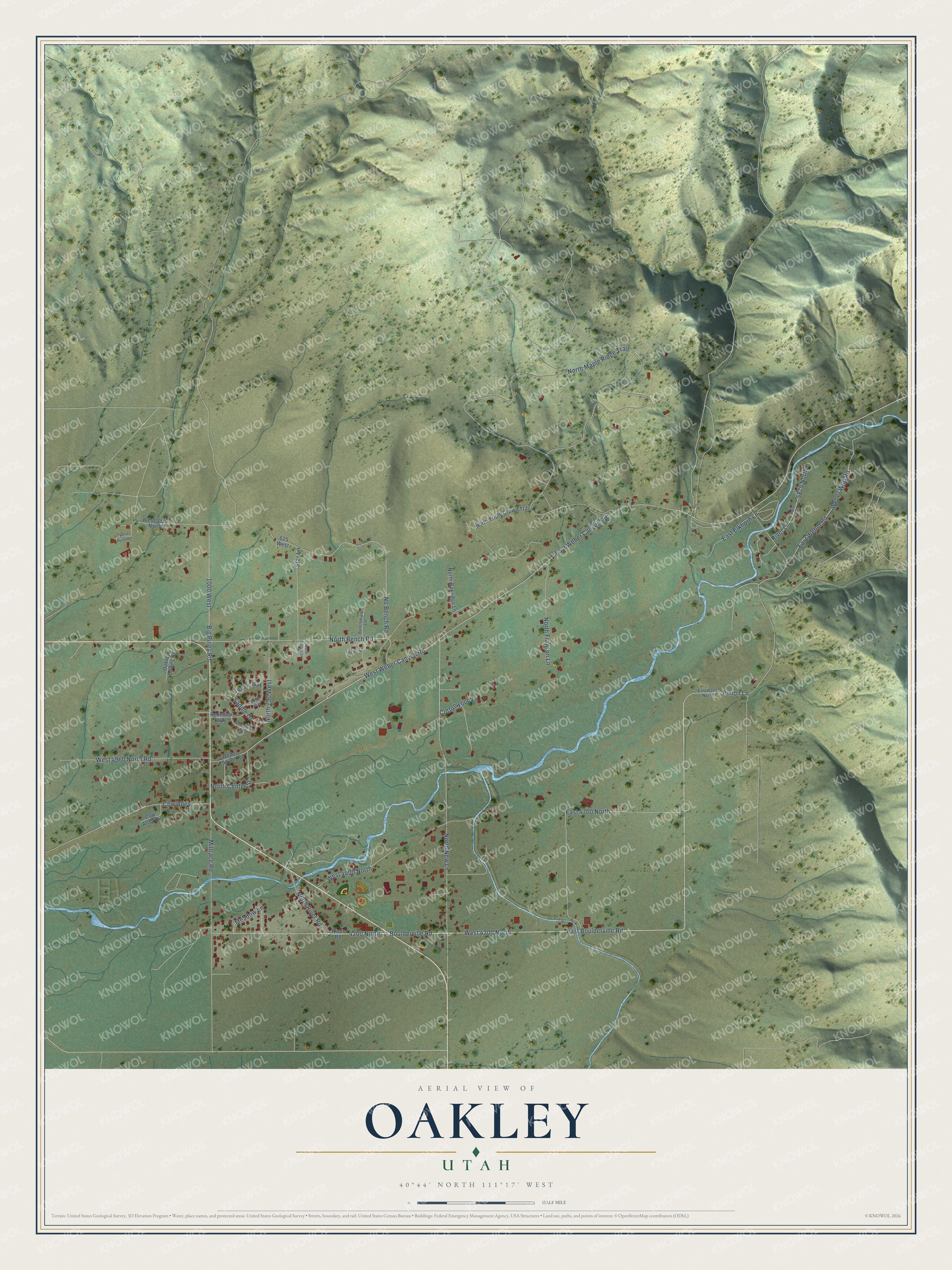 Full map of Oakley, Utah, with red buildings, printed street names and the land around them