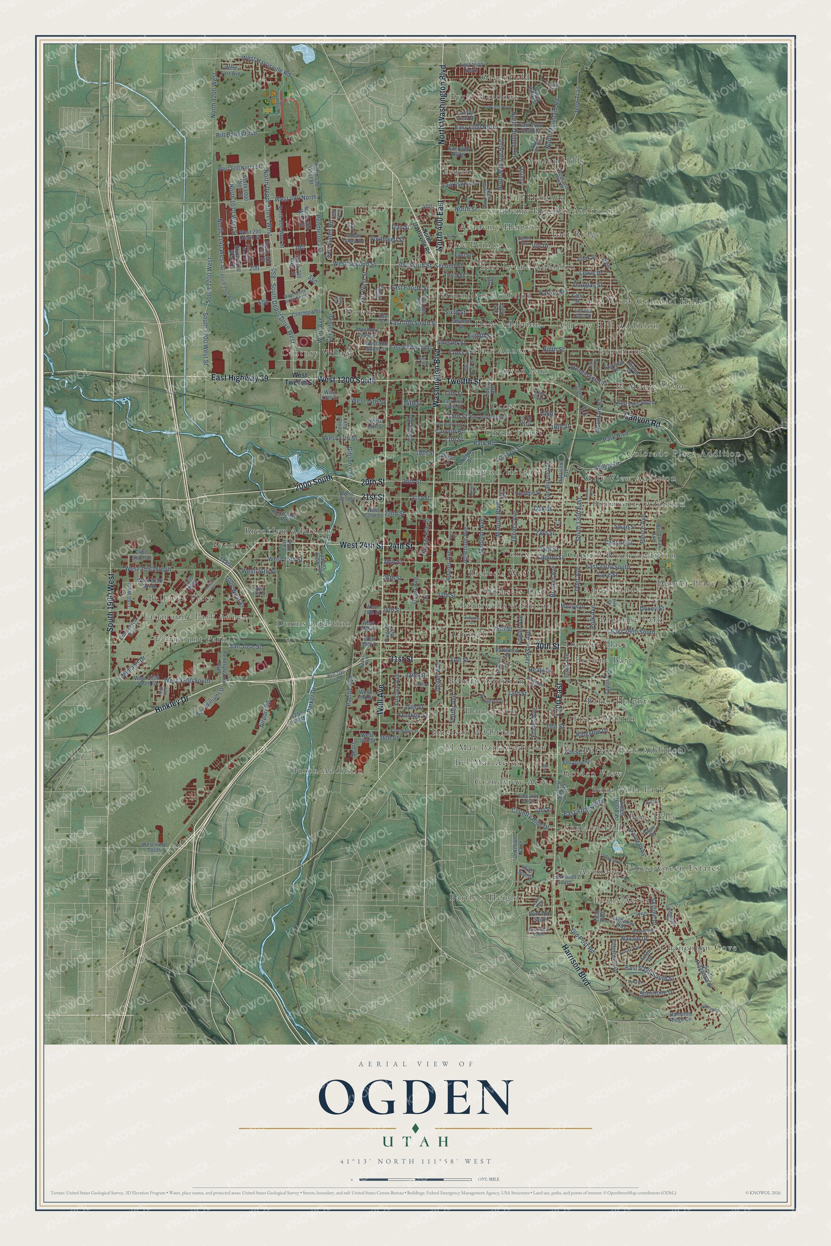 Full map of Ogden, Utah, with red buildings, printed street names and the land around them