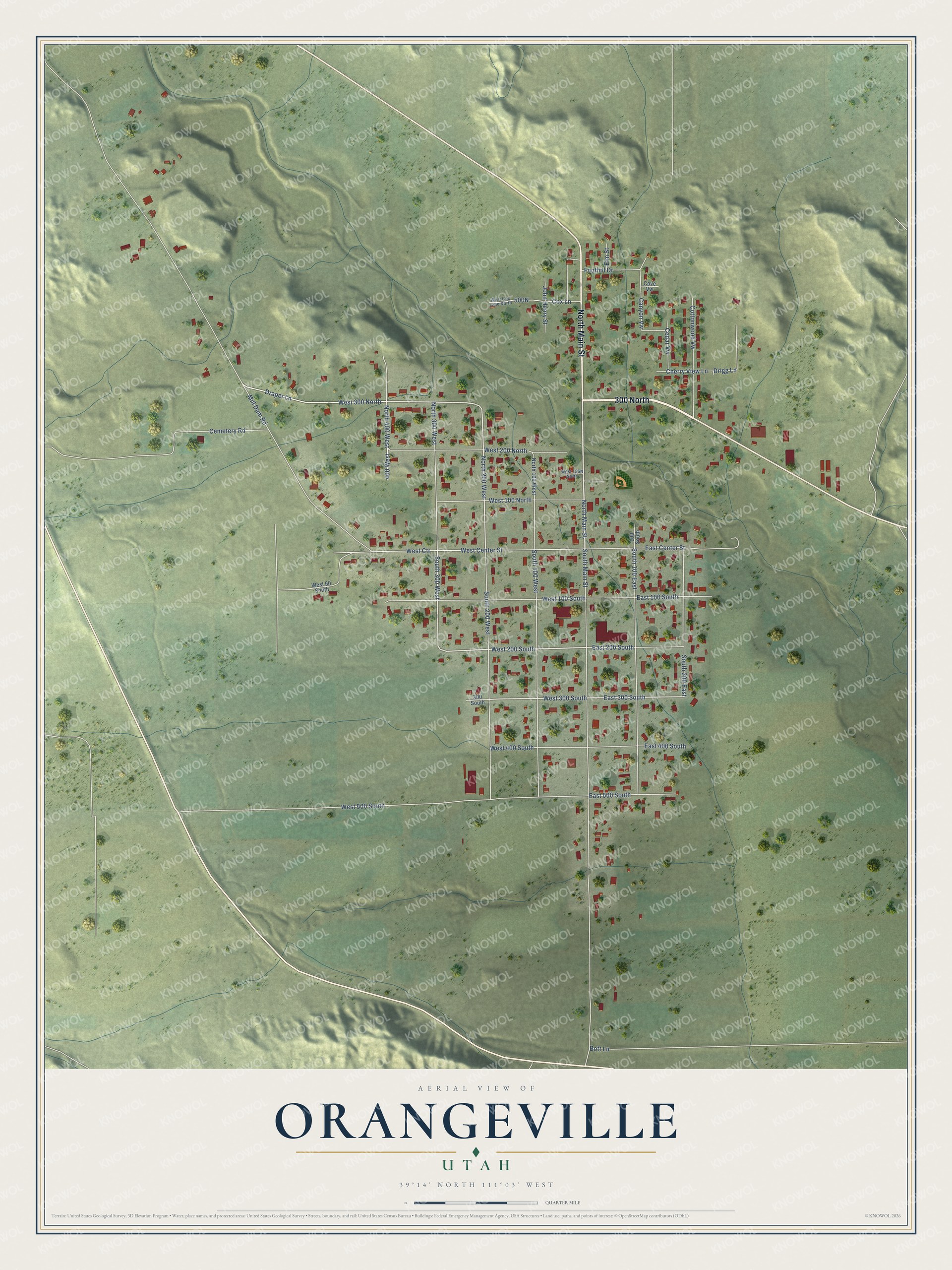 Full map of Orangeville, Utah, with red buildings, printed street names and the land around them