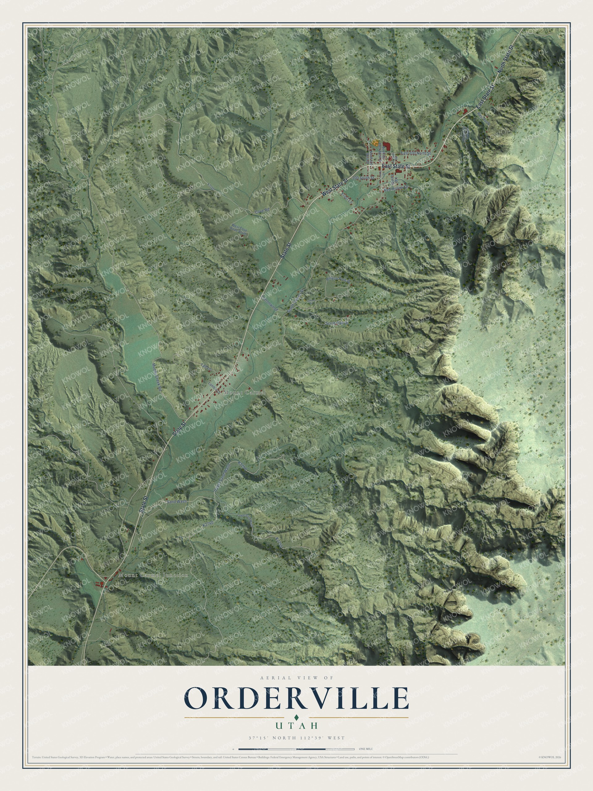 Full map of Orderville, Utah, with red buildings, printed street names and the land around them