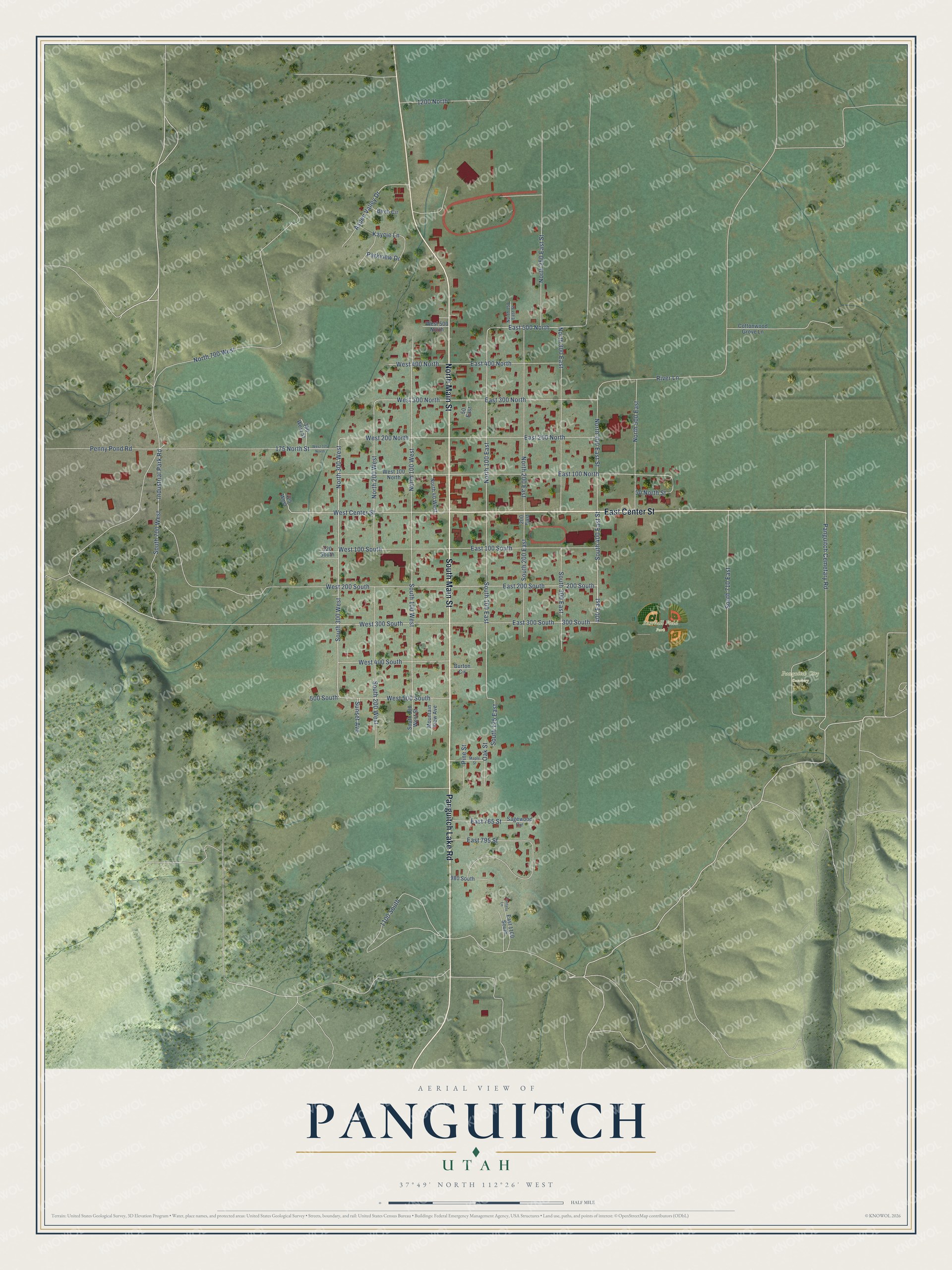 Full map of Panguitch, Utah, with red buildings, printed street names and the land around them