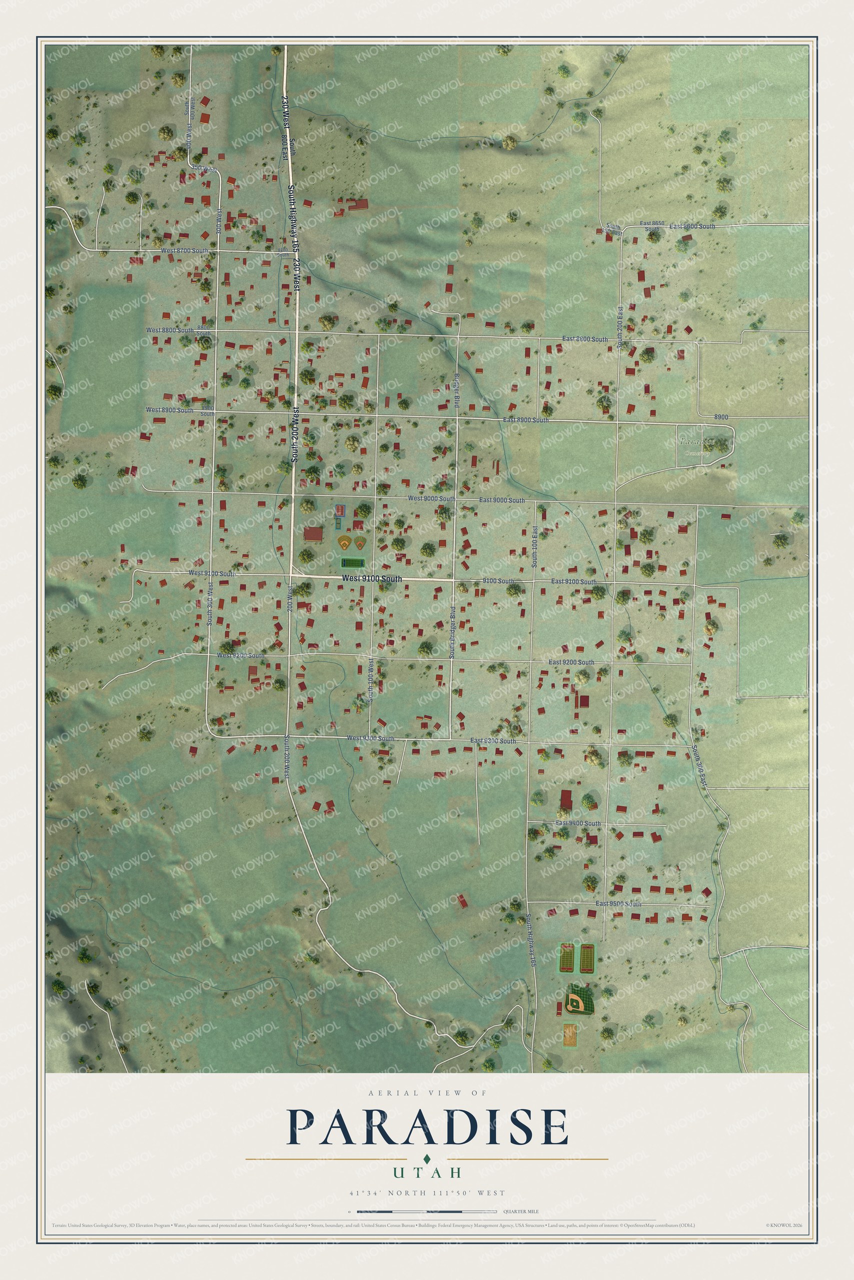 Full map of Paradise, Utah, with red buildings, printed street names and the land around them