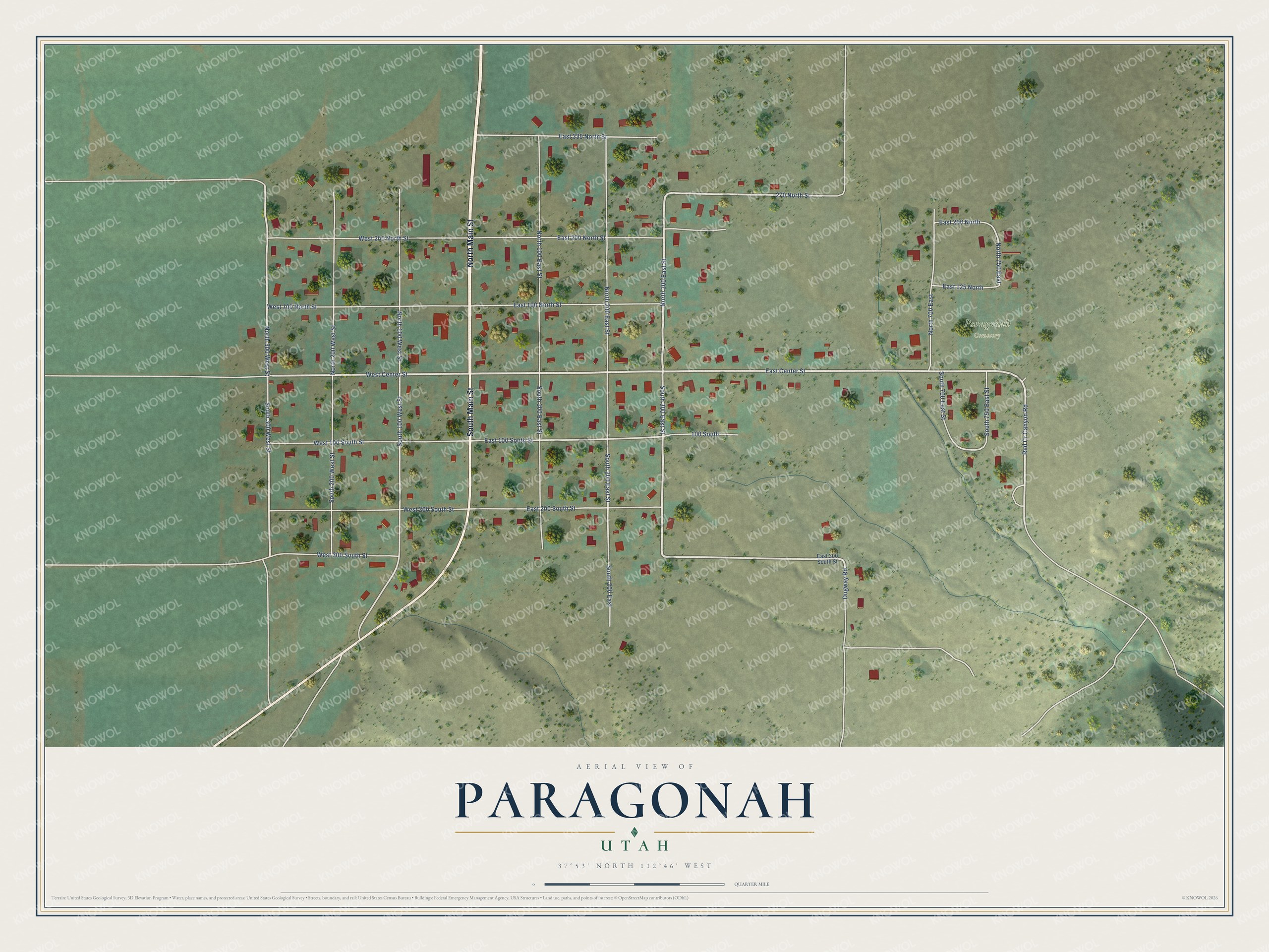 Full map of Paragonah, Utah, with red buildings, printed street names and the land around them