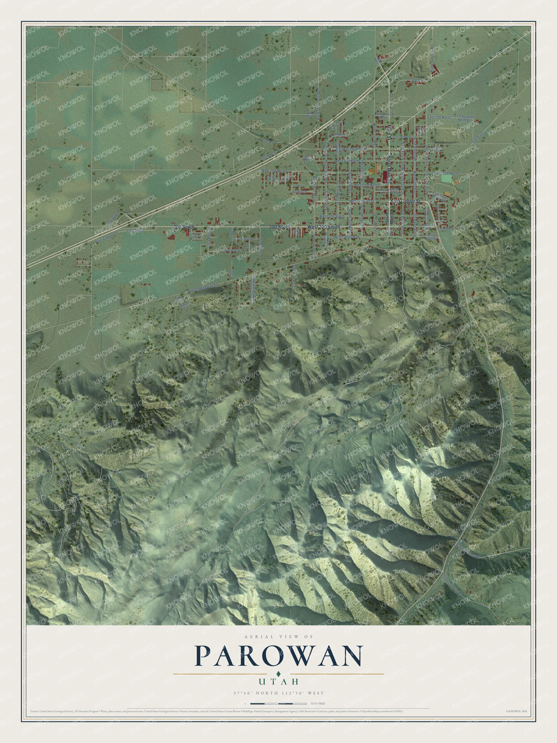 Full map of Parowan, Utah, with red buildings, printed street names and the land around them