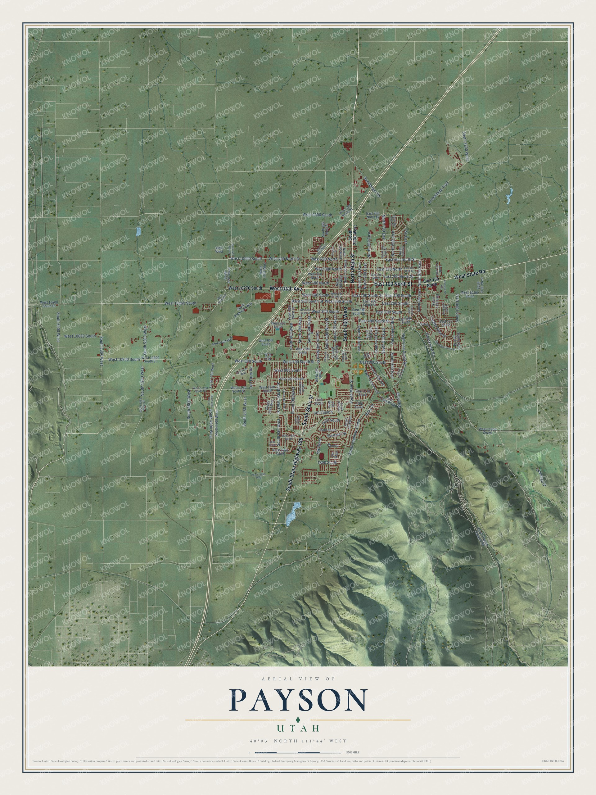Full map of Payson, Utah, with red buildings, printed street names and the land around them
