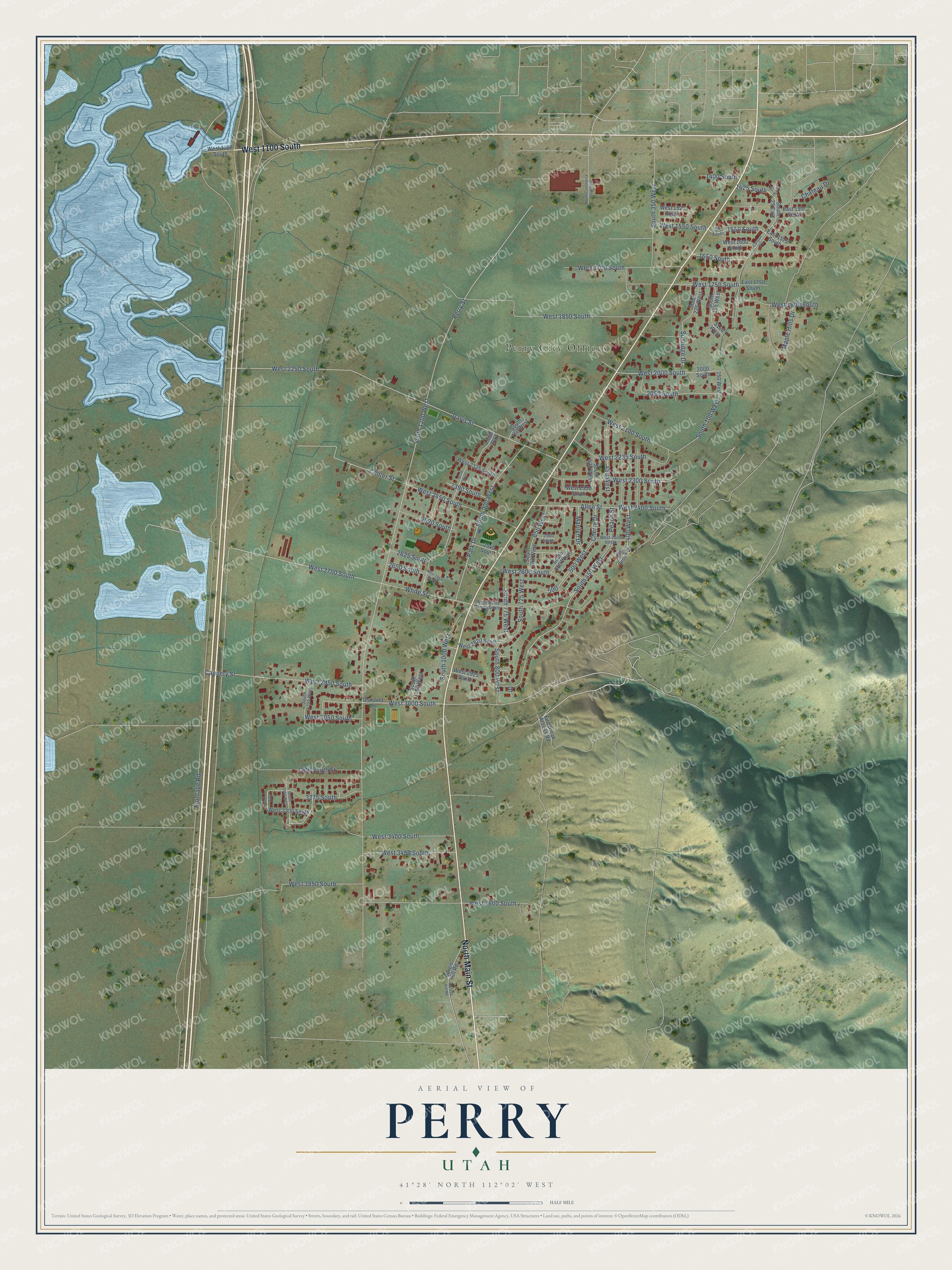 Full map of Perry, Utah, with red buildings, printed street names and the land around them