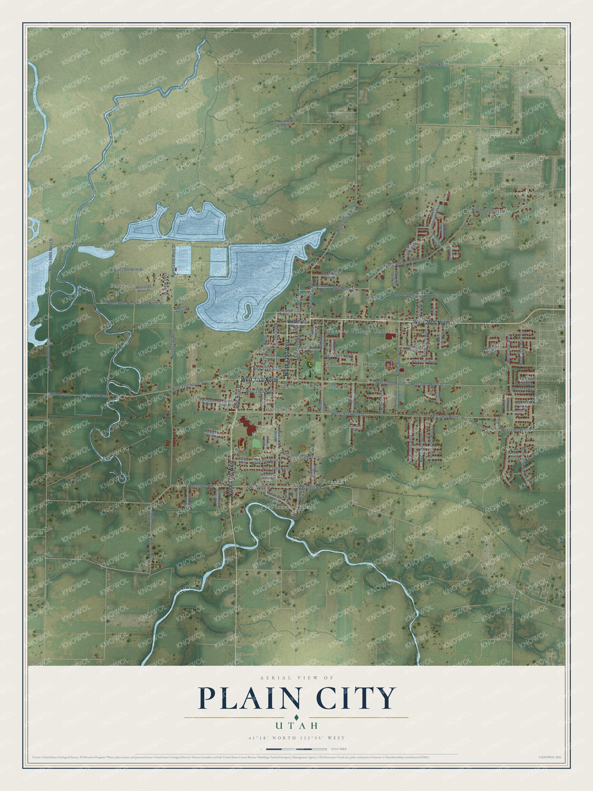 Full map of Plain City, Utah, with red buildings, printed street names and the land around them