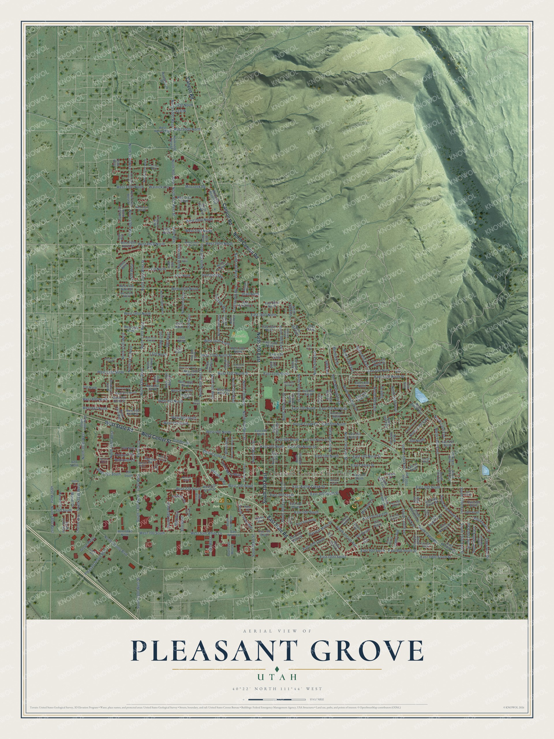 Full map of Pleasant Grove, Utah, with red buildings, printed street names and the land around them