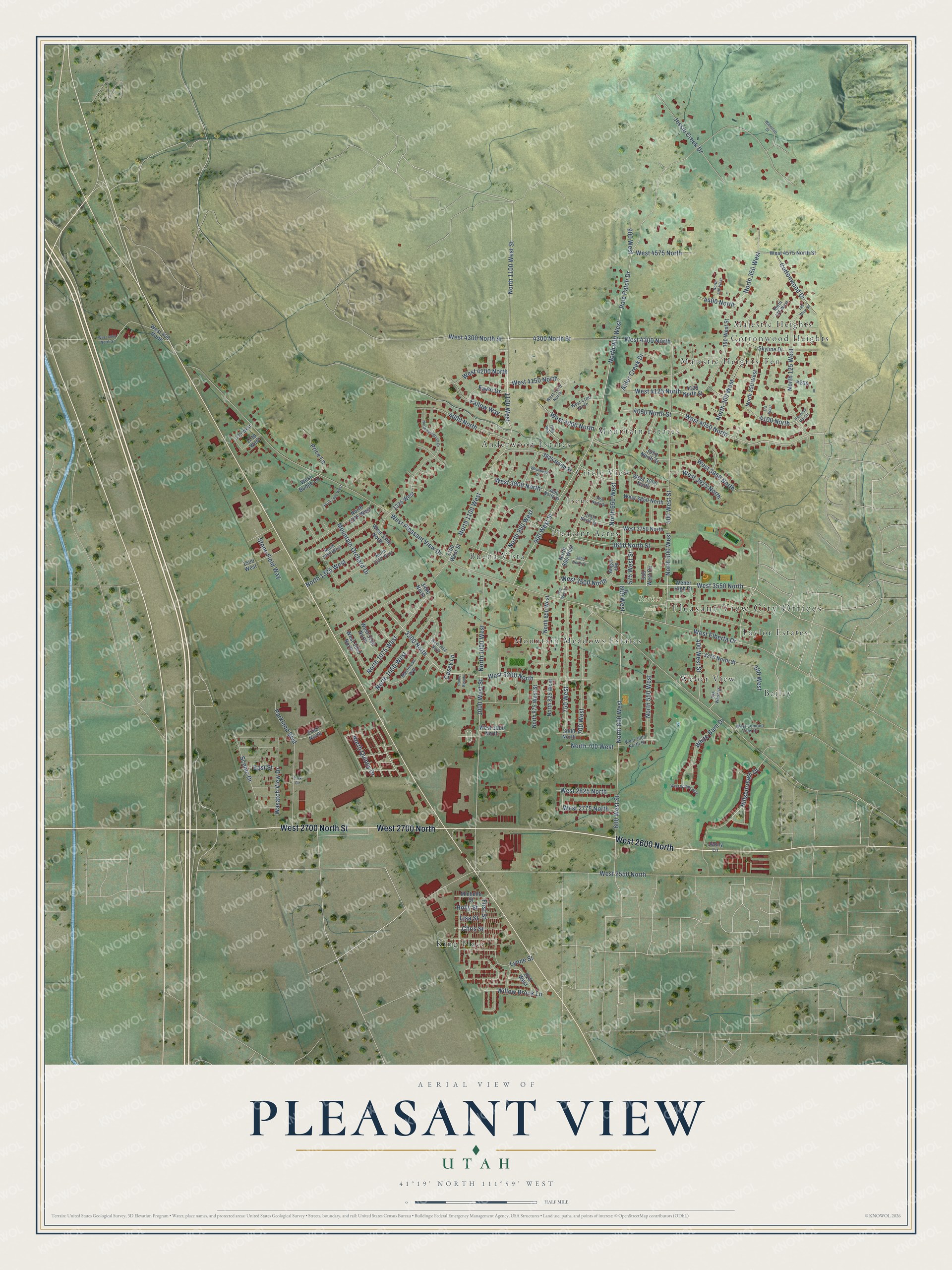 Full map of Pleasant View, Utah, with red buildings, printed street names and the land around them
