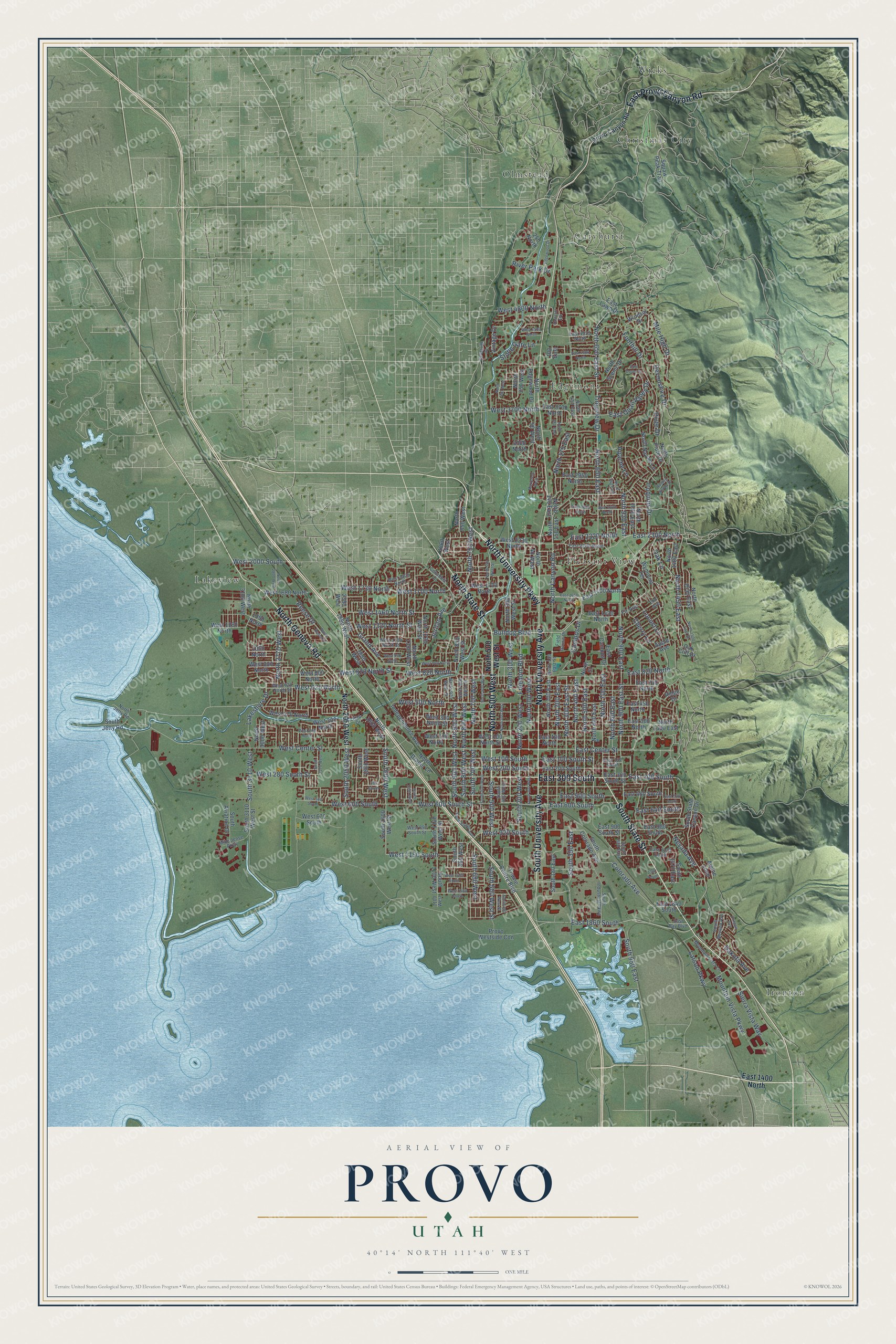 Full map of Provo, Utah, with red buildings, printed street names and the land around them