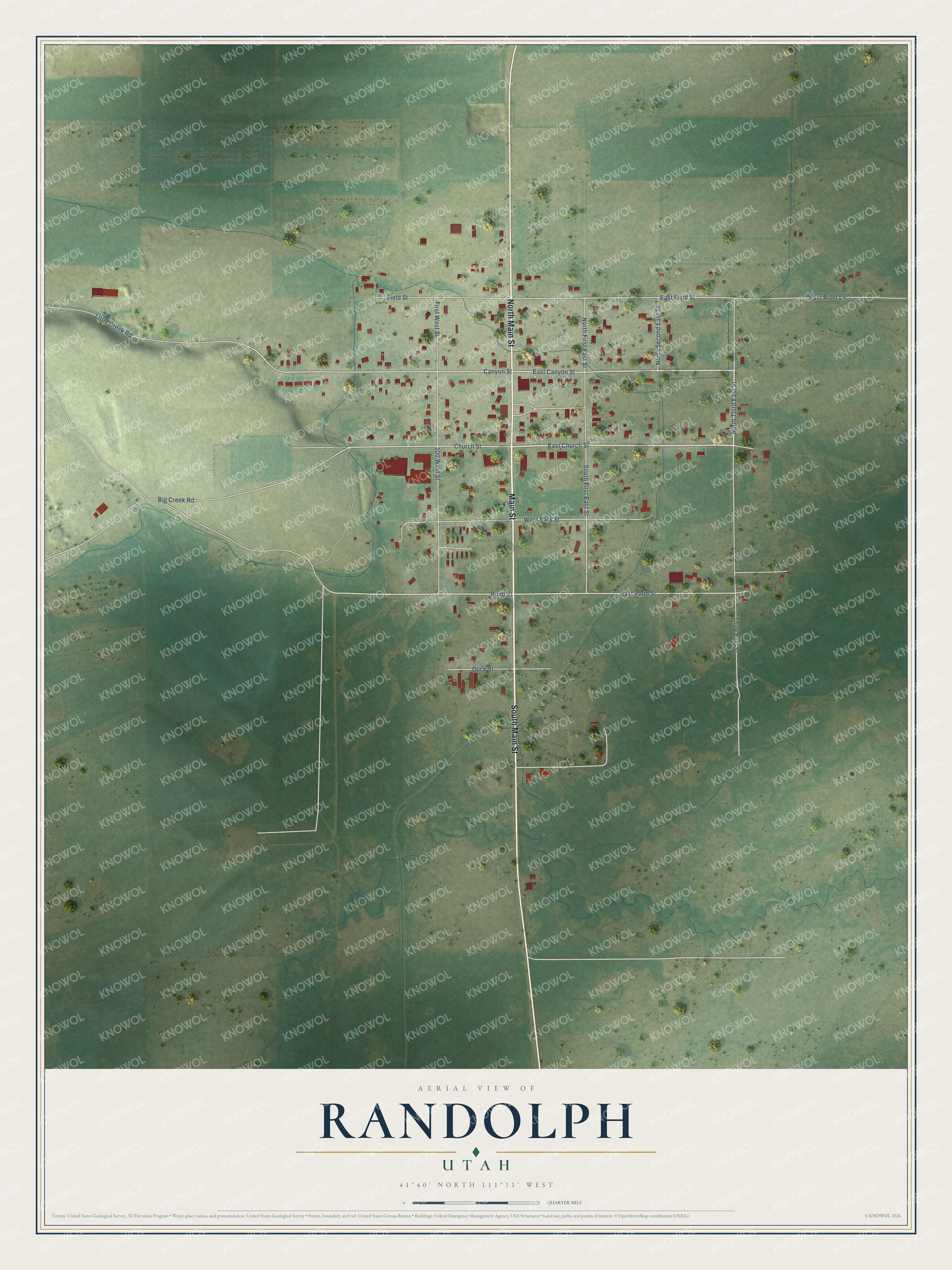 Full map of Randolph, Utah, with red buildings, printed street names and the land around them