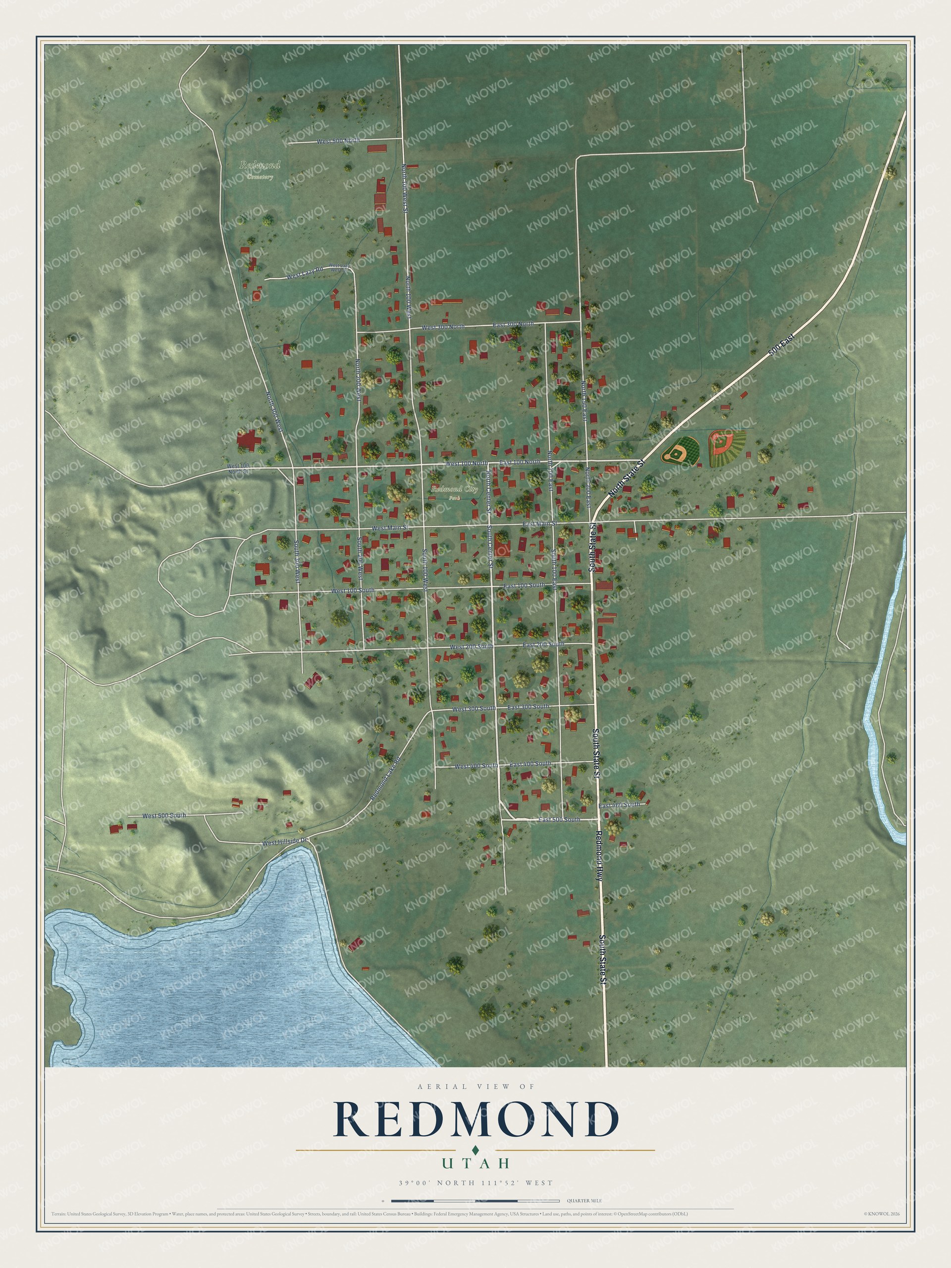 Full map of Redmond, Utah, with red buildings, printed street names and the land around them