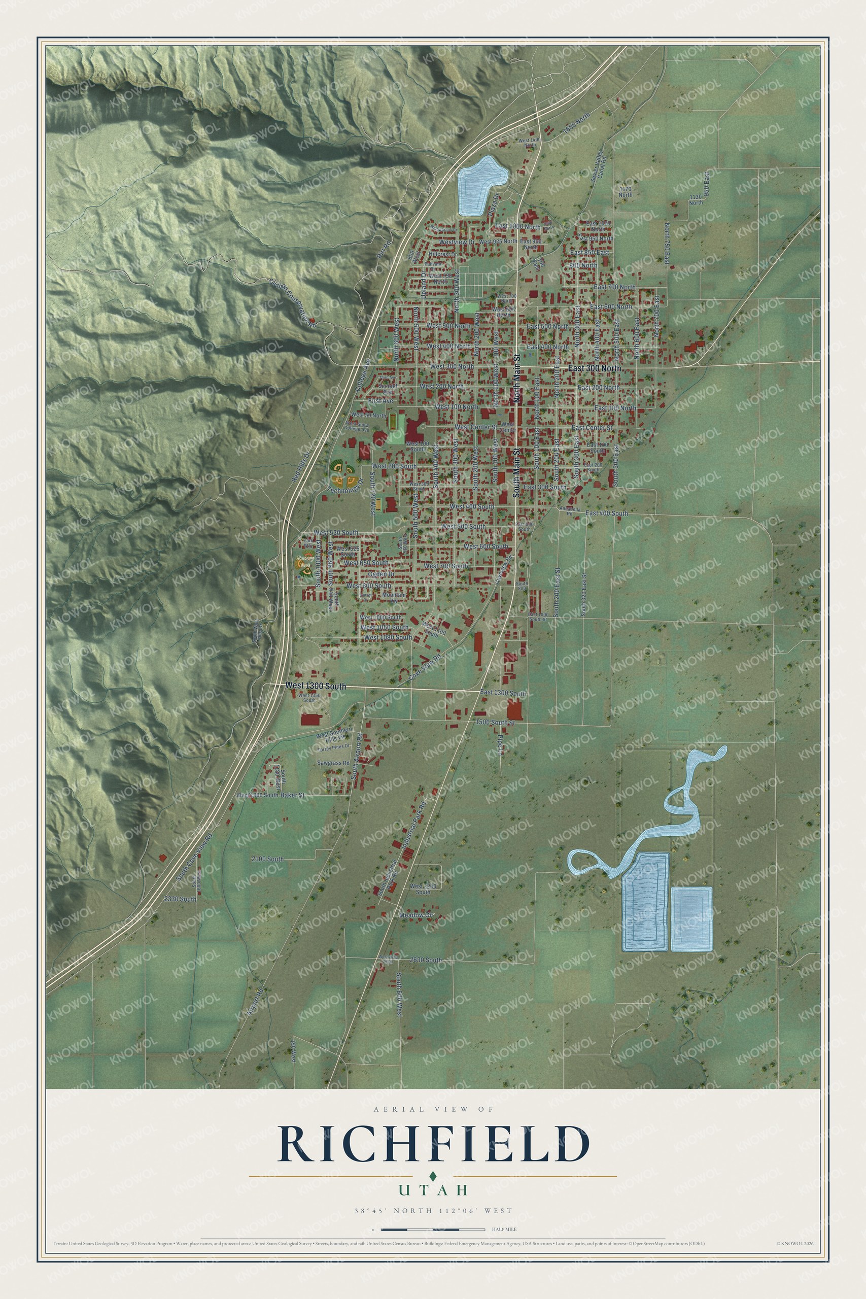 Full map of Richfield, Utah, with red buildings, printed street names and the land around them