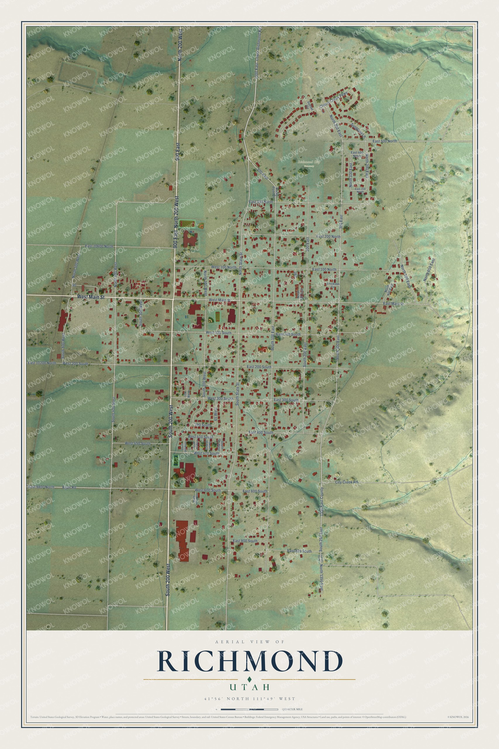 Full map of Richmond, Utah, with red buildings, printed street names and the land around them